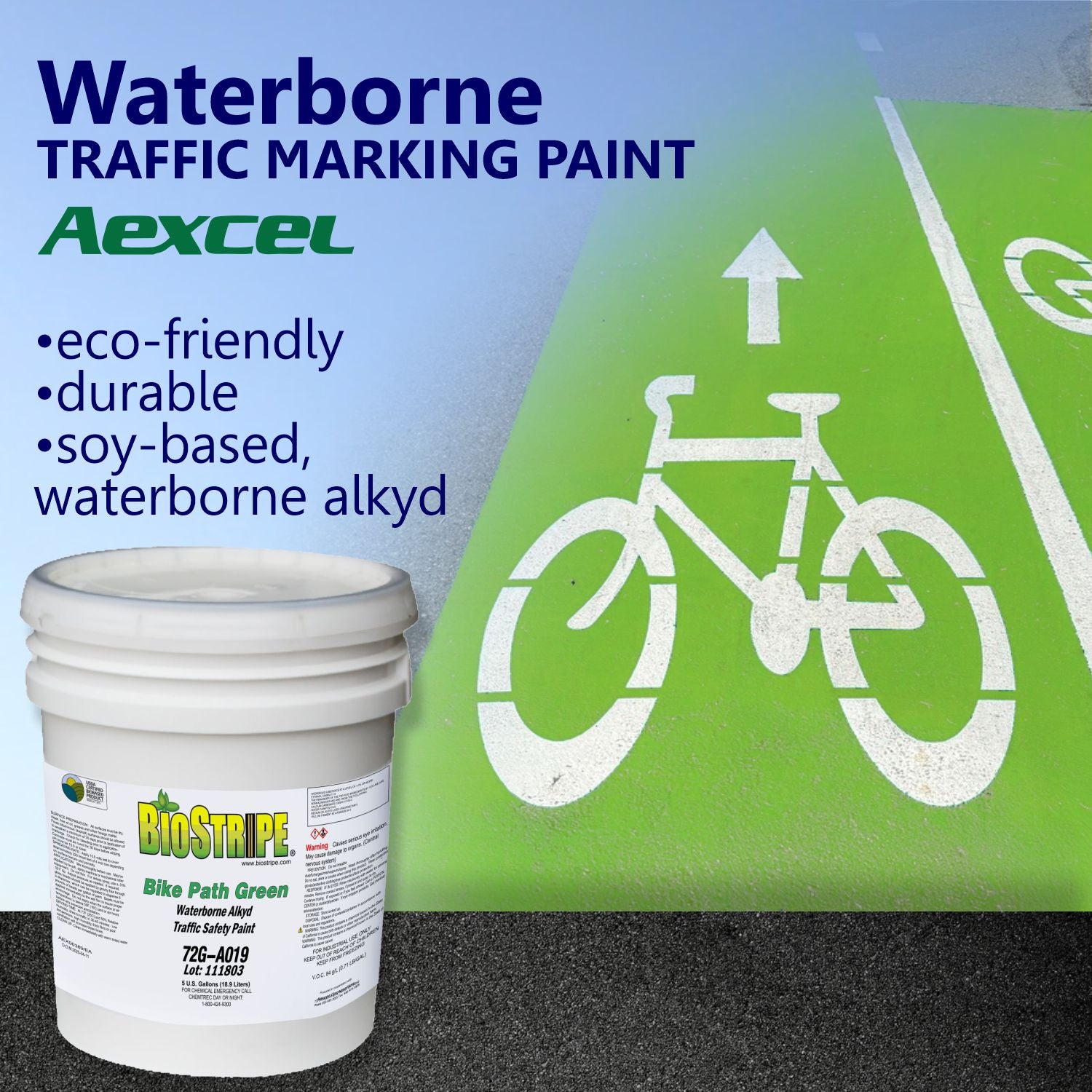 Green bicycle lane pavement marking with white bicycle symbol and directional arrow, promoted with BioStripe Bike Path Green Waterborne Alkyd Traffic Safety Paint.