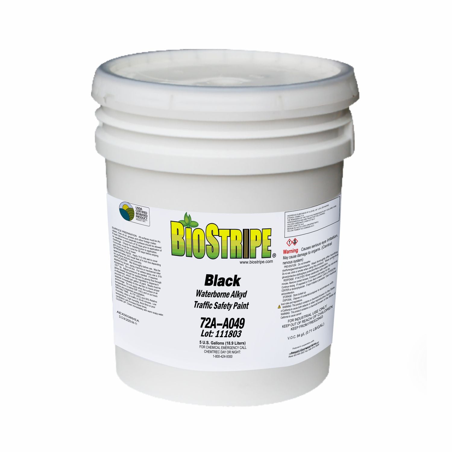 BioStripe Black Waterborne Alkyd Traffic Safety Paint in a 5-gallon white pail, designed for durable pavement and traffic marking applications.