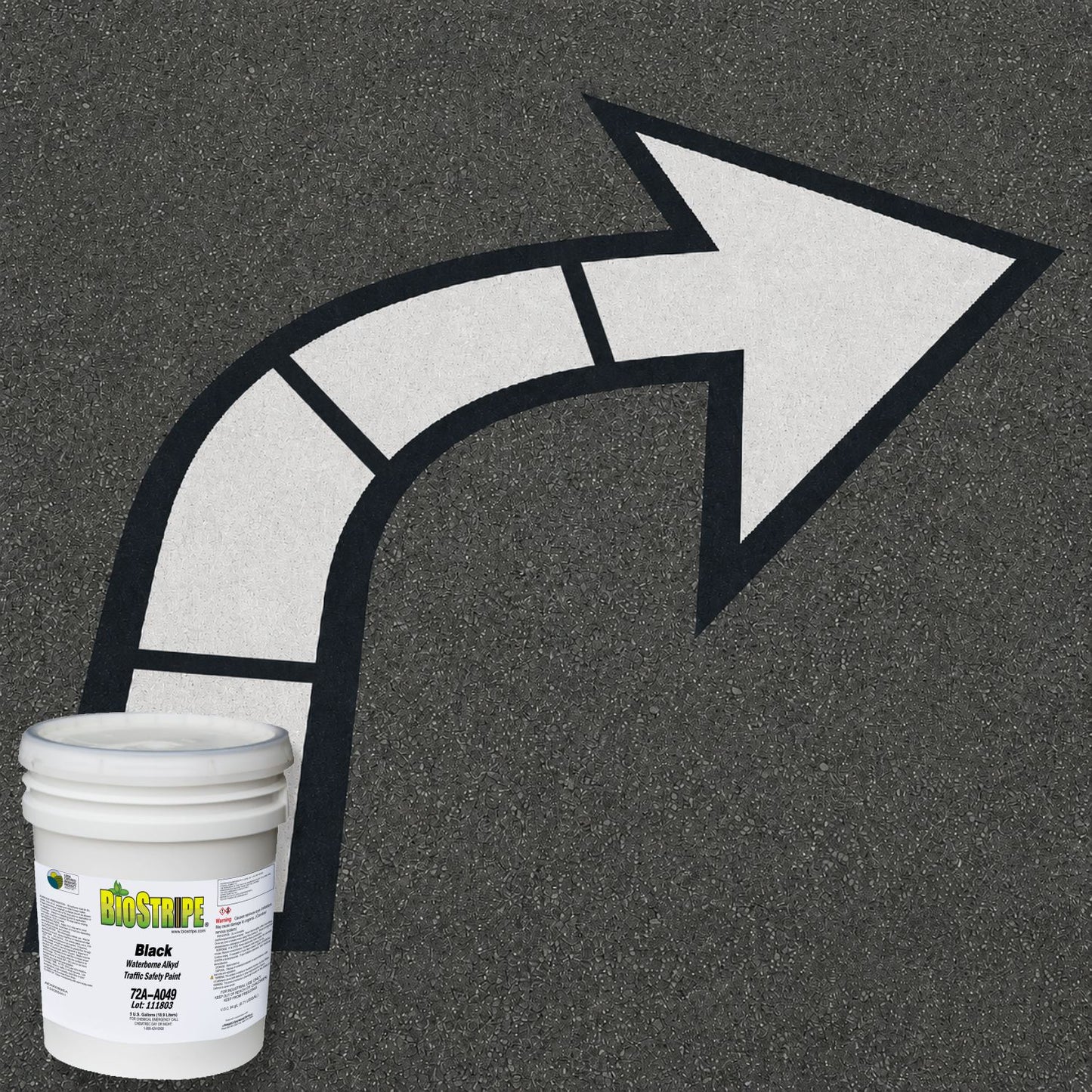 White directional arrow traffic marking painted on asphalt, indicating a right turn, with BioStripe Black Waterborne Alkyd Traffic Safety Paint shown for pavement marking applications.