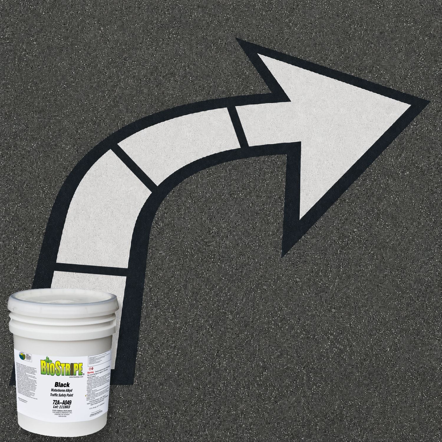 White directional arrow traffic marking painted on asphalt, indicating a right turn, with BioStripe Black Waterborne Alkyd Traffic Safety Paint shown for pavement marking applications.