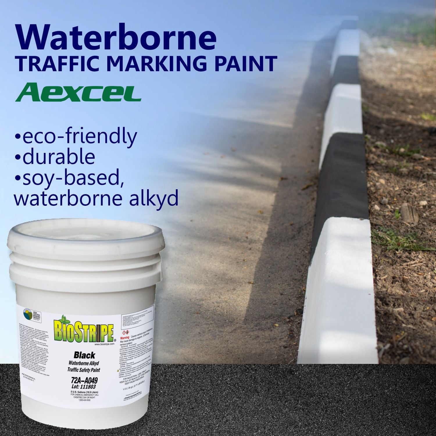 Promotional graphic featuring BioStripe Black Waterborne Alkyd Traffic Safety Paint with eco-friendly, durable, soy-based technology and black-and-white curb markings for traffic control and safety applications.