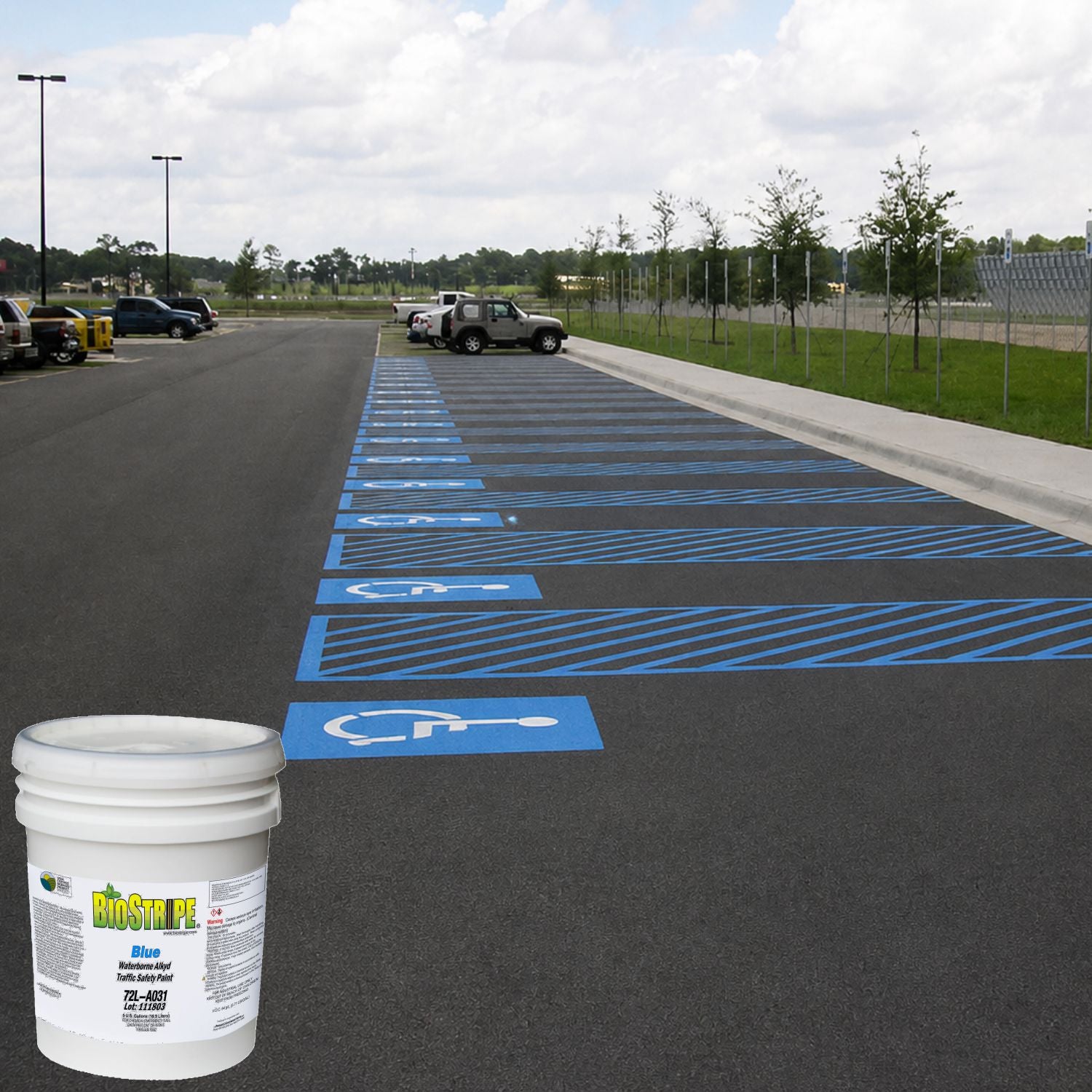 BioStripe Blue Waterborne Alkyd Traffic Safety Paint used for ADA-accessible parking stalls, handicap symbols, and blue-striped access aisles in a commercial parking lot.