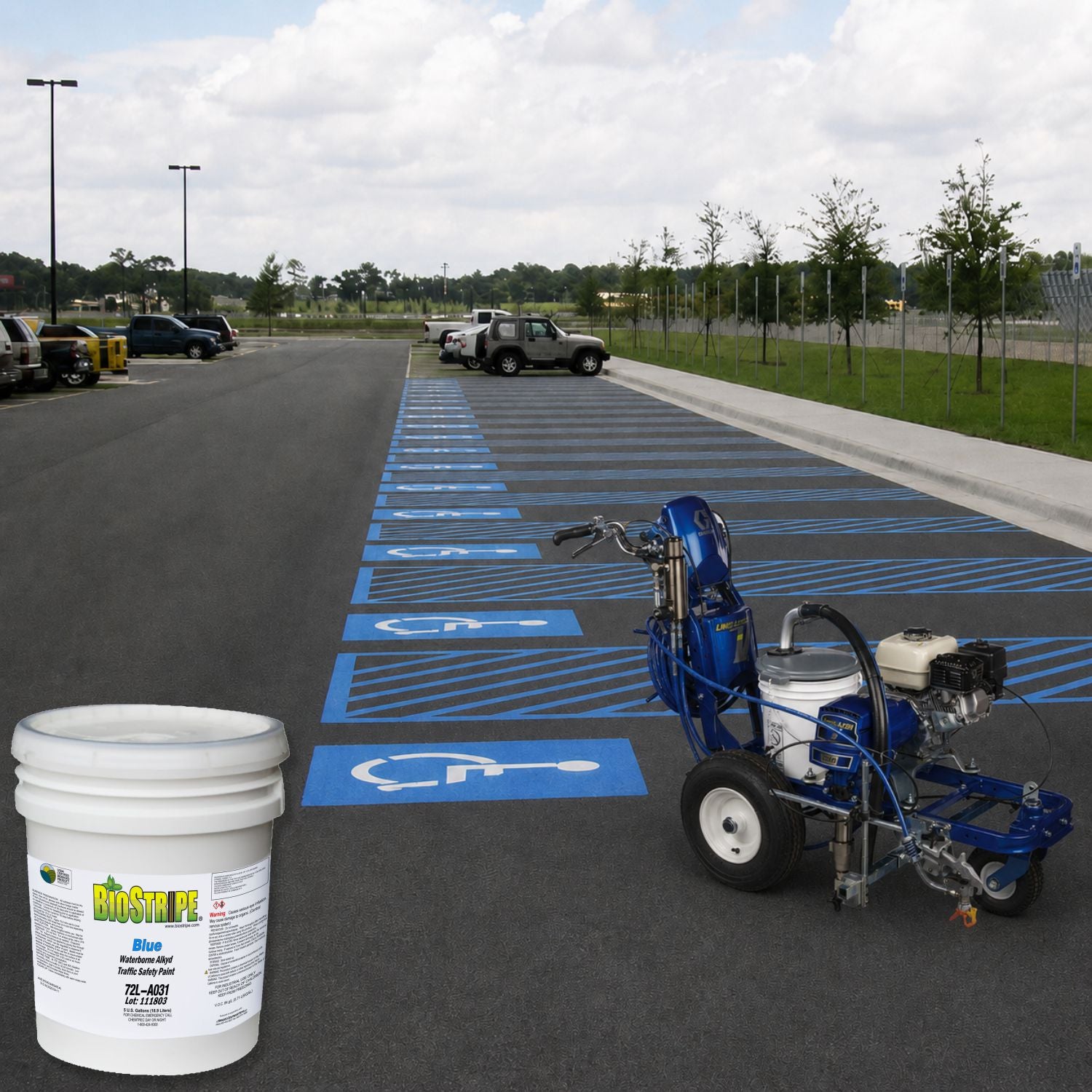 BioStripe Blue Waterborne Alkyd Traffic Safety Paint used to create ADA-compliant parking spaces and accessibility markings with a professional pavement striping machine.