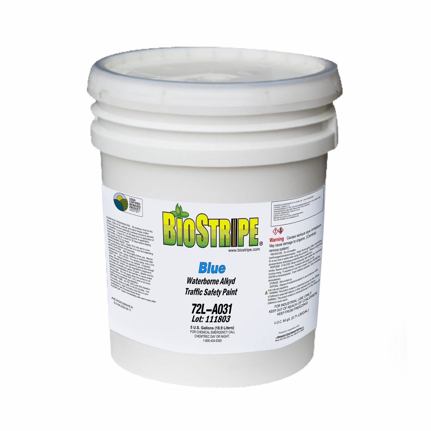 BioStripe Blue Waterborne Alkyd Traffic Safety Paint in a 5-gallon white pail, designed for durable pavement and traffic marking applications.