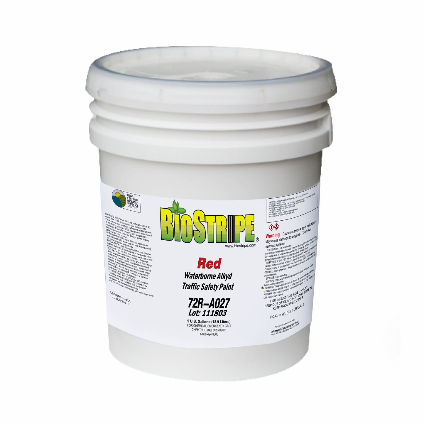 BioStripe Red Waterborne Alkyd Traffic Safety Paint in a 5-gallon white pail, designed for durable pavement and traffic marking applications.