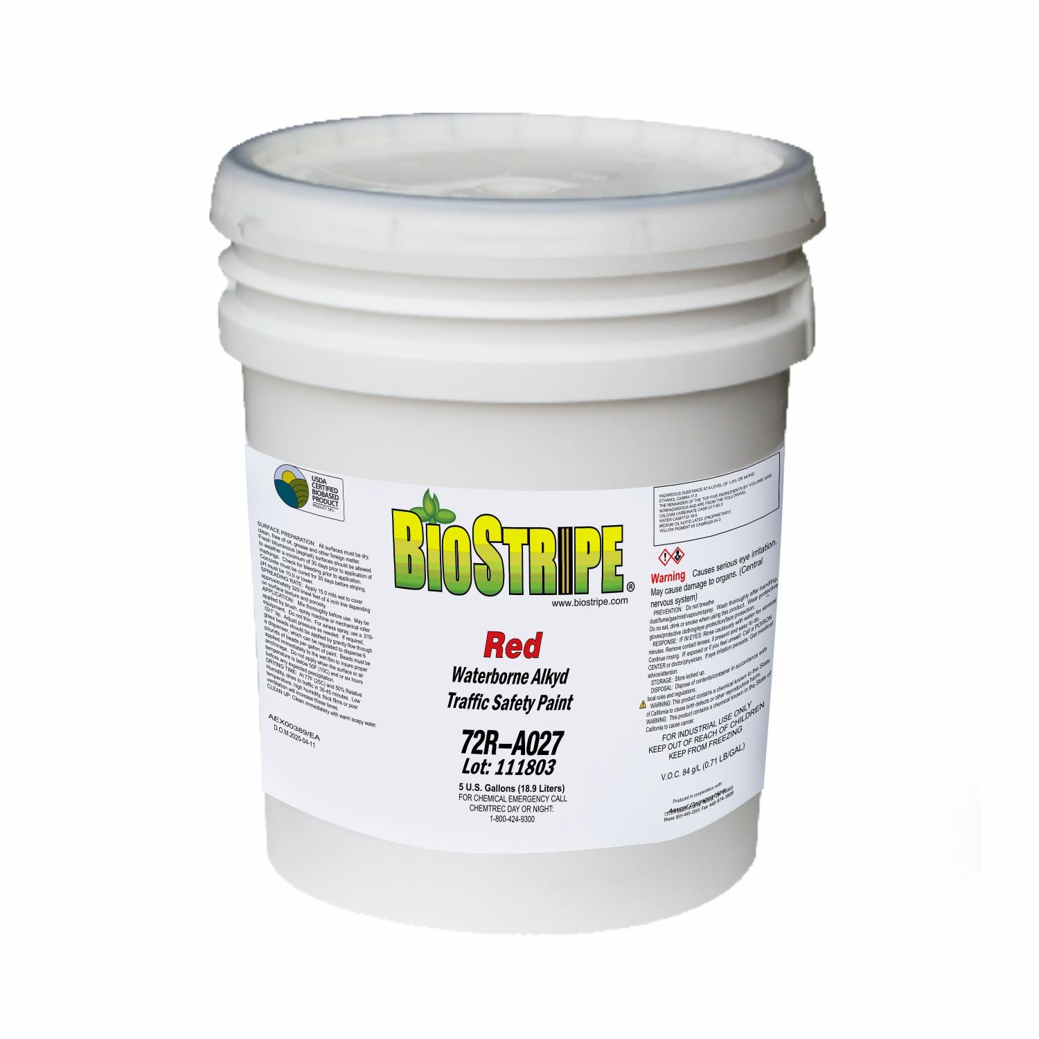 BioStripe Red Waterborne Alkyd Traffic Safety Paint in a 5-gallon white pail, designed for durable pavement and traffic marking applications.