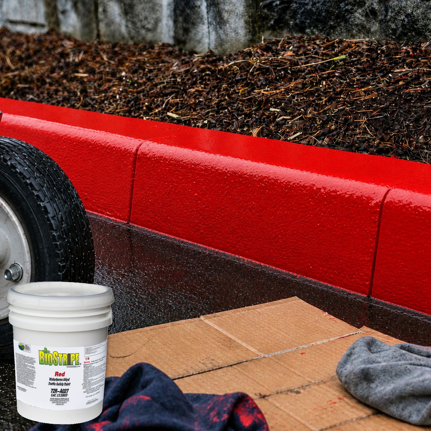 BioStripe Red Waterborne Alkyd Traffic Safety Paint applied to a curb, creating a bright red no-parking and fire lane marking for improved visibility and safety.