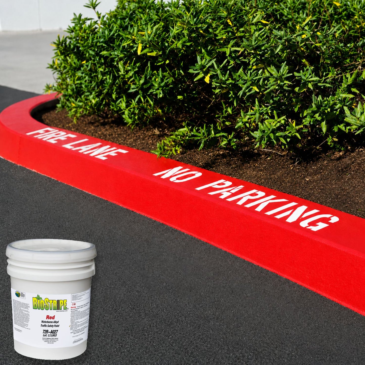 BioStripe Red Waterborne Alkyd Traffic Safety Paint used for bright red curb markings with "Fire Lane No Parking" lettering to improve traffic safety and enforce parking restrictions.