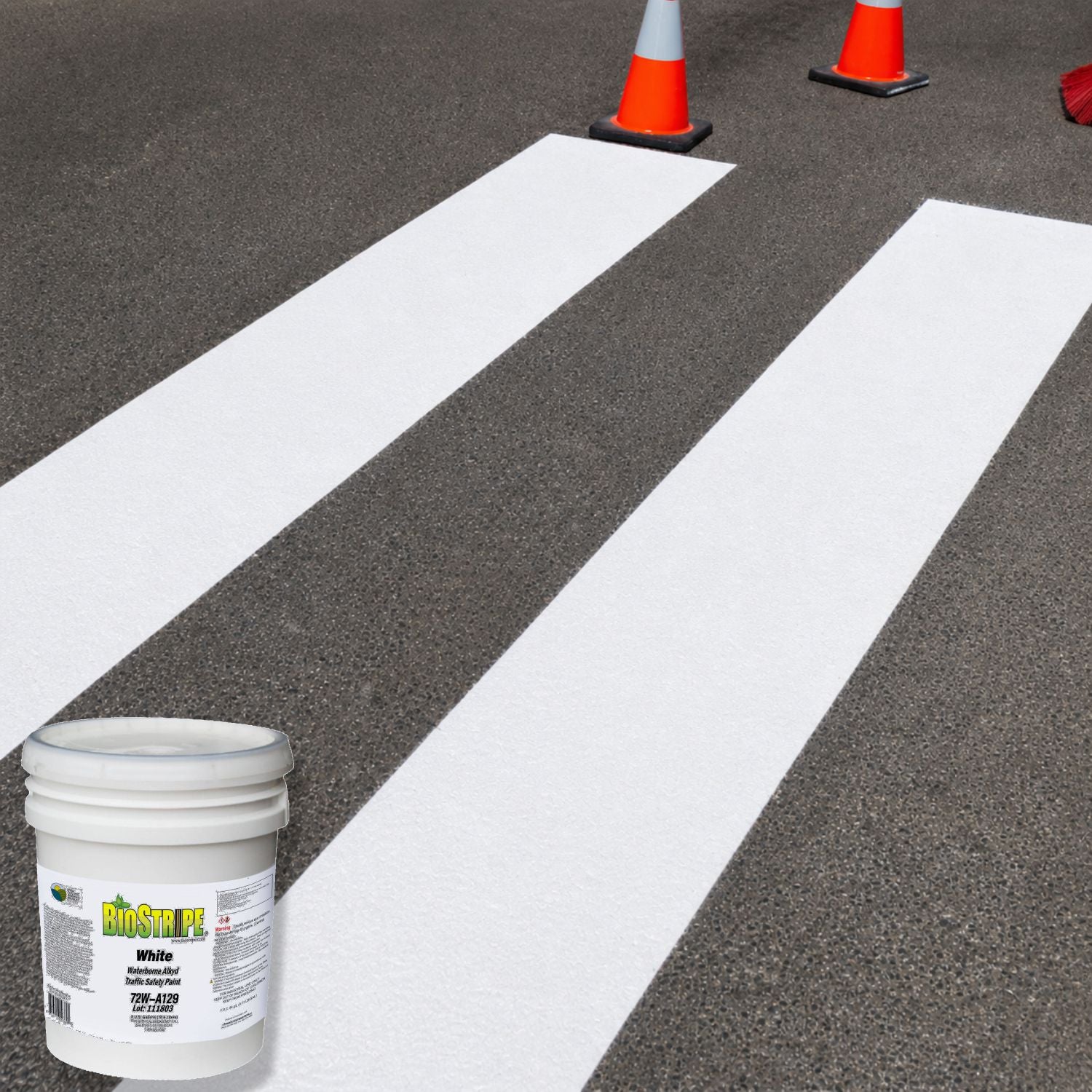BioStripe White Waterborne Alkyd Traffic Paint used to create bright, high-visibility white crosswalk markings on asphalt pavement.