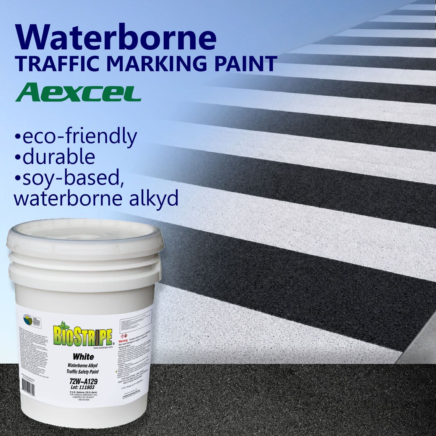 BioStripe White Waterborne Alkyd Traffic Paint for crosswalk and pedestrian safety markings.