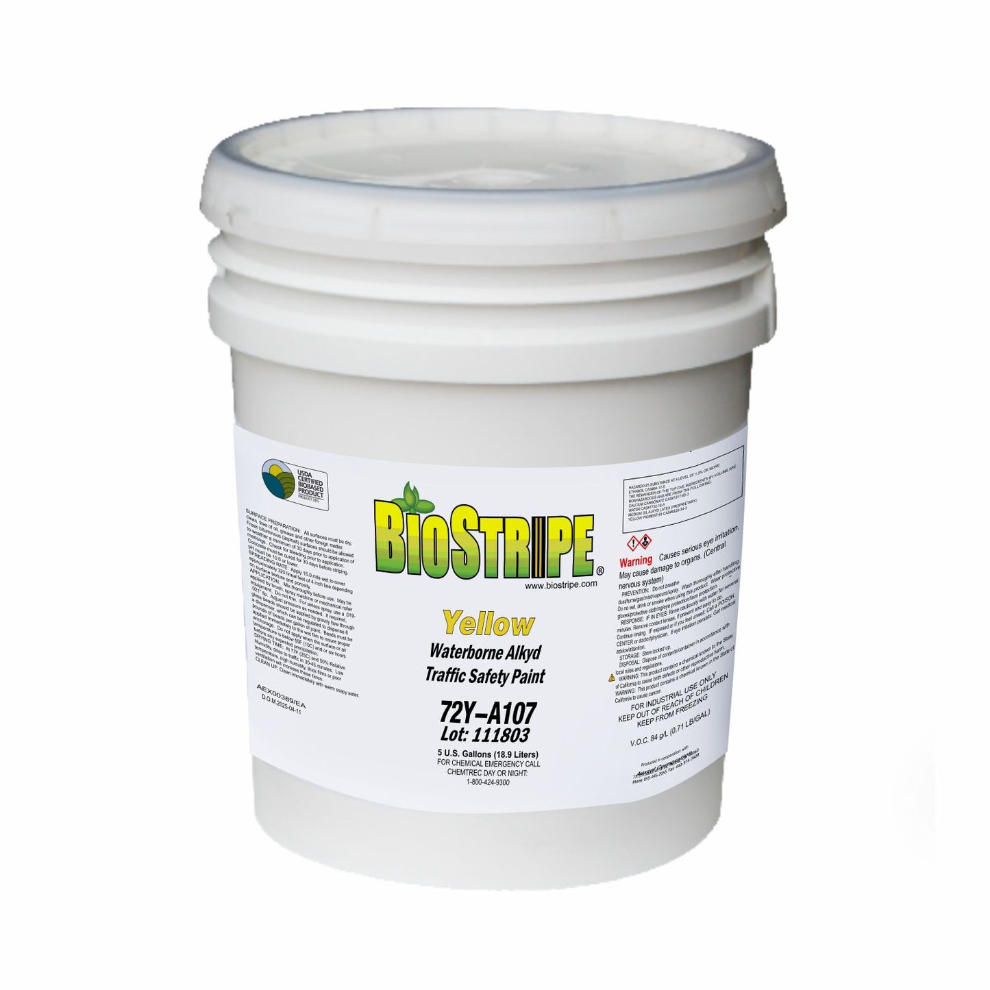 BioStripe Yellow Waterborne Alkyd Traffic Safety Paint in a 5-gallon white pail, designed for durable pavement and traffic marking applications.