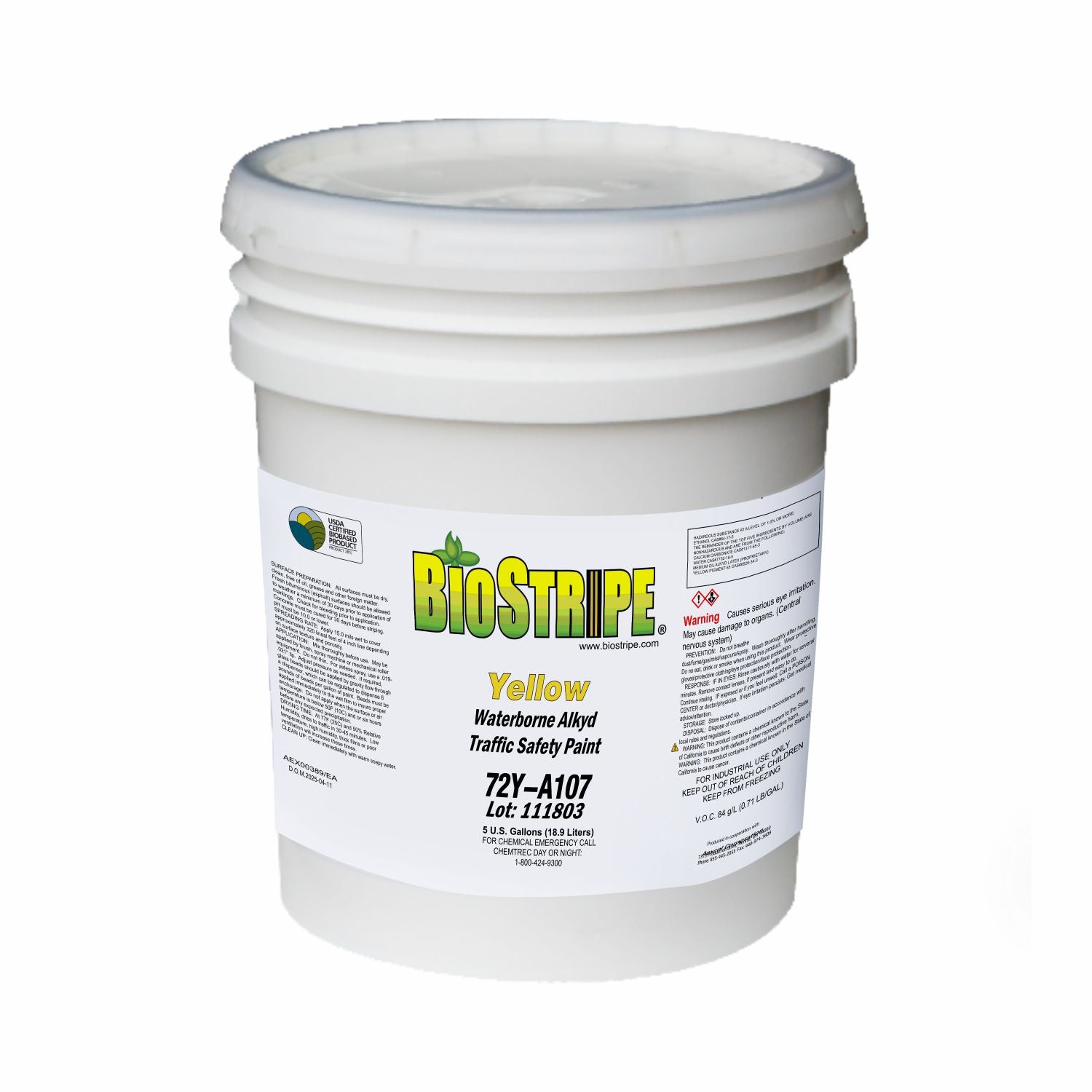 BioStripe Yellow Waterborne Alkyd Traffic Safety Paint in a 5-gallon white pail, designed for durable pavement and traffic marking applications.