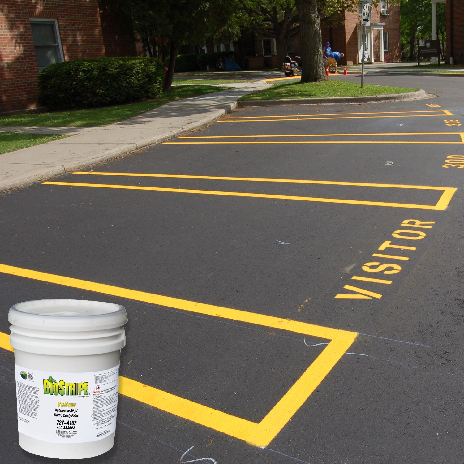 BioStripe Yellow Waterborne Alkyd Traffic Safety Paint used for high-visibility parking lot striping, visitor parking spaces, and pavement markings on asphalt surfaces.