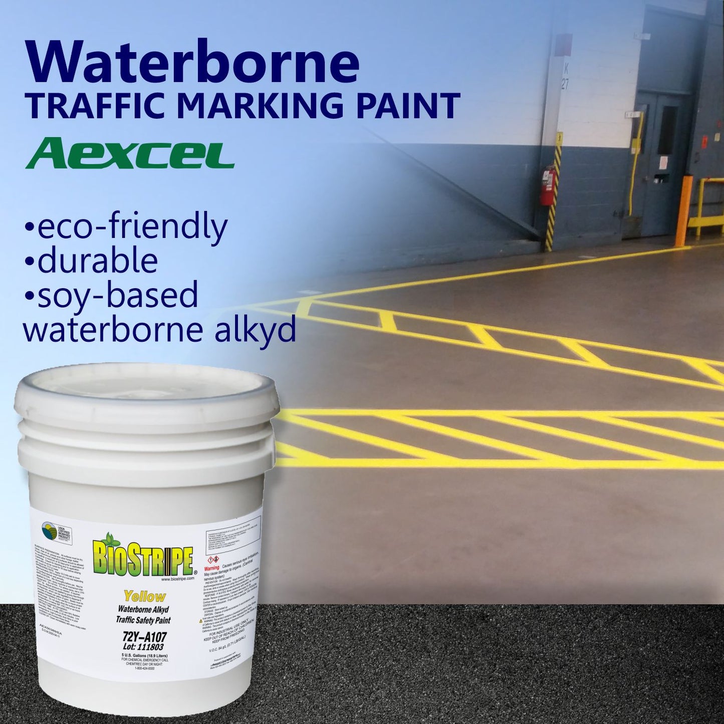 Promotional graphic featuring BioStripe Yellow Waterborne Alkyd Traffic Safety Paint with eco-friendly, durable, soy-based waterborne alkyd technology and yellow warehouse floor safety markings.