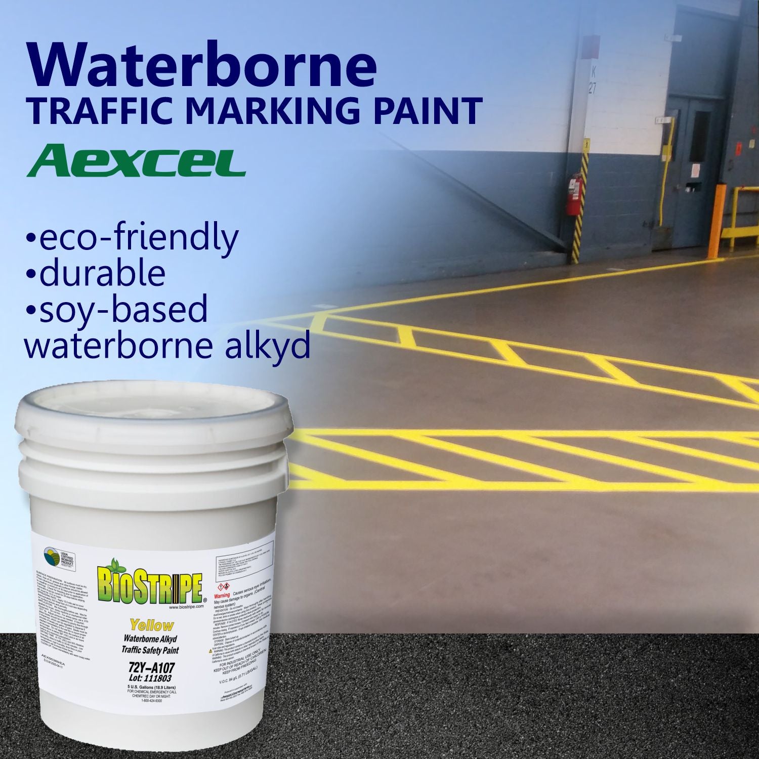 Promotional graphic featuring BioStripe Yellow Waterborne Alkyd Traffic Safety Paint with eco-friendly, durable, soy-based waterborne alkyd technology and yellow warehouse floor safety markings.