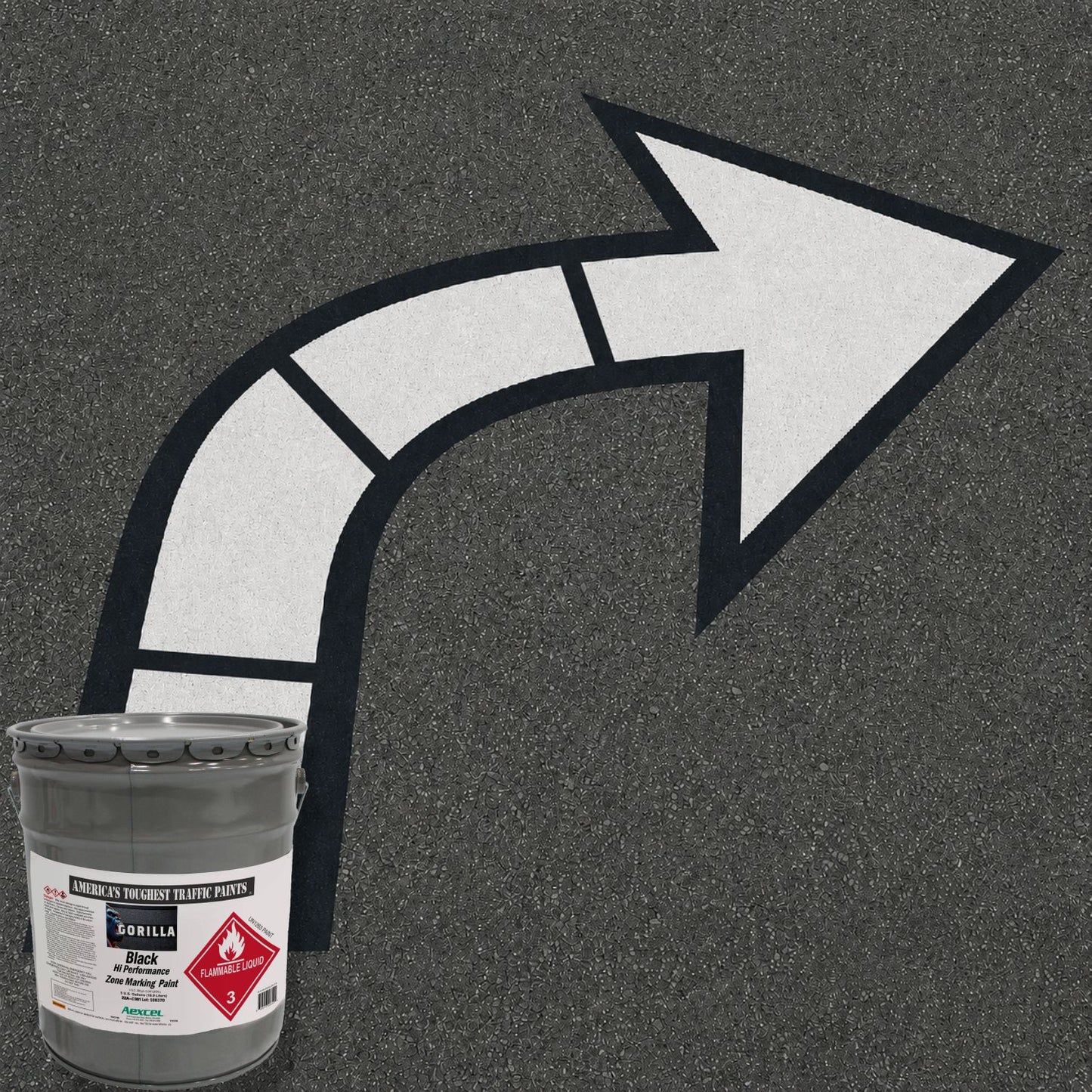 White right-turn directional arrow pavement marking on asphalt, bordered in black for enhanced visibility. The image features a pail of Aexcel Gorilla Black High-Performance Zone Marking Paint, illustrating its use for durable traffic symbols, directional arrows, parking lot markings, and roadway guidance applications.
