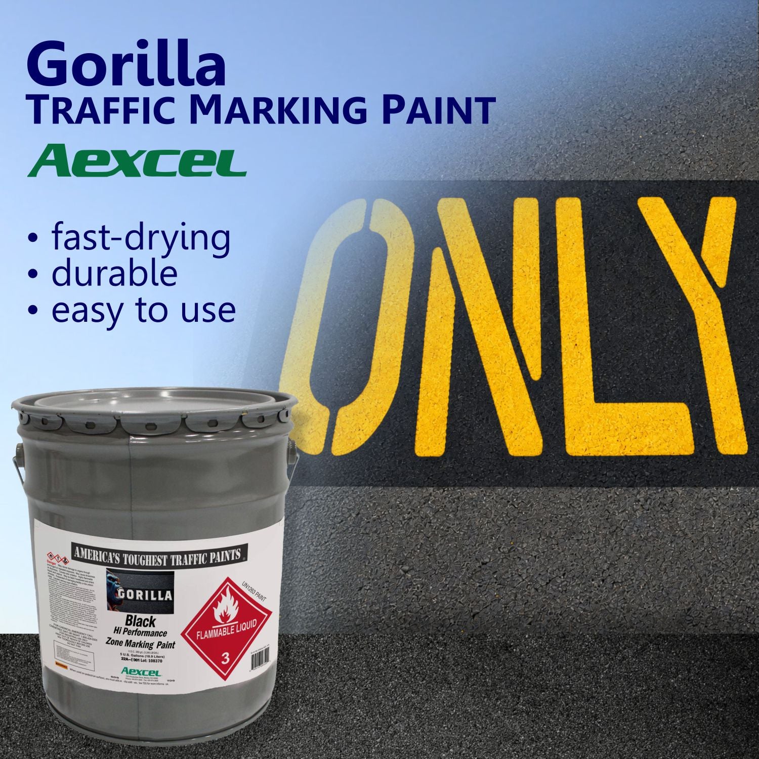 Promotional graphic for Aexcel Gorilla Traffic Marking Paint featuring a pail of Gorilla Black Hi-Performance Zone Marking Paint alongside a bold yellow “ONLY” pavement marking on asphalt.
