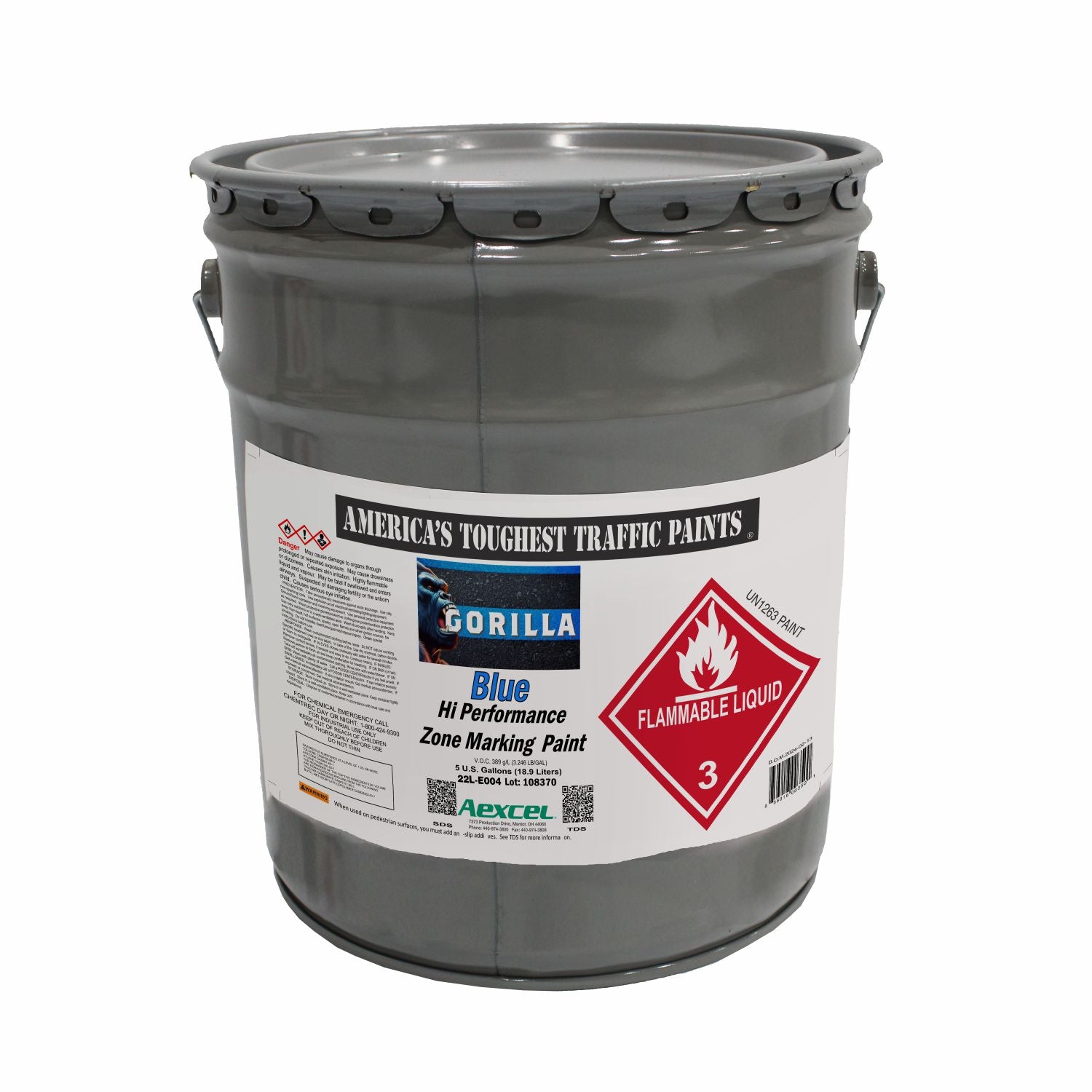 Gorilla Blue Hi-Performance Zone Marking Paint in a 5-gallon pail, formulated for durable warehouse, industrial, safety zone, and pavement marking applications.