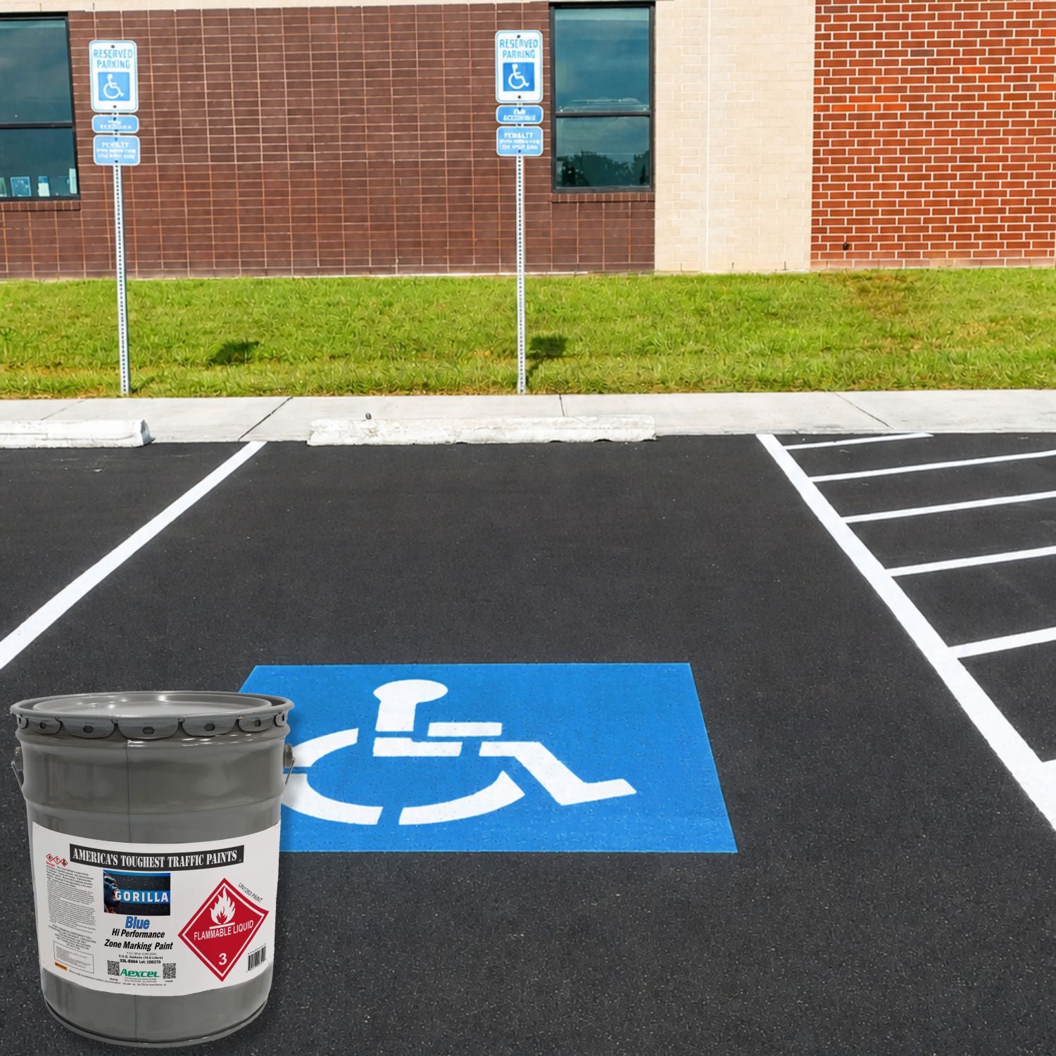 Blue ADA-accessible parking space symbol on freshly striped asphalt, showcasing Aexcel Gorilla Traffic Marking Paint’s durable, high-visibility performance for accessibility and parking lot markings.