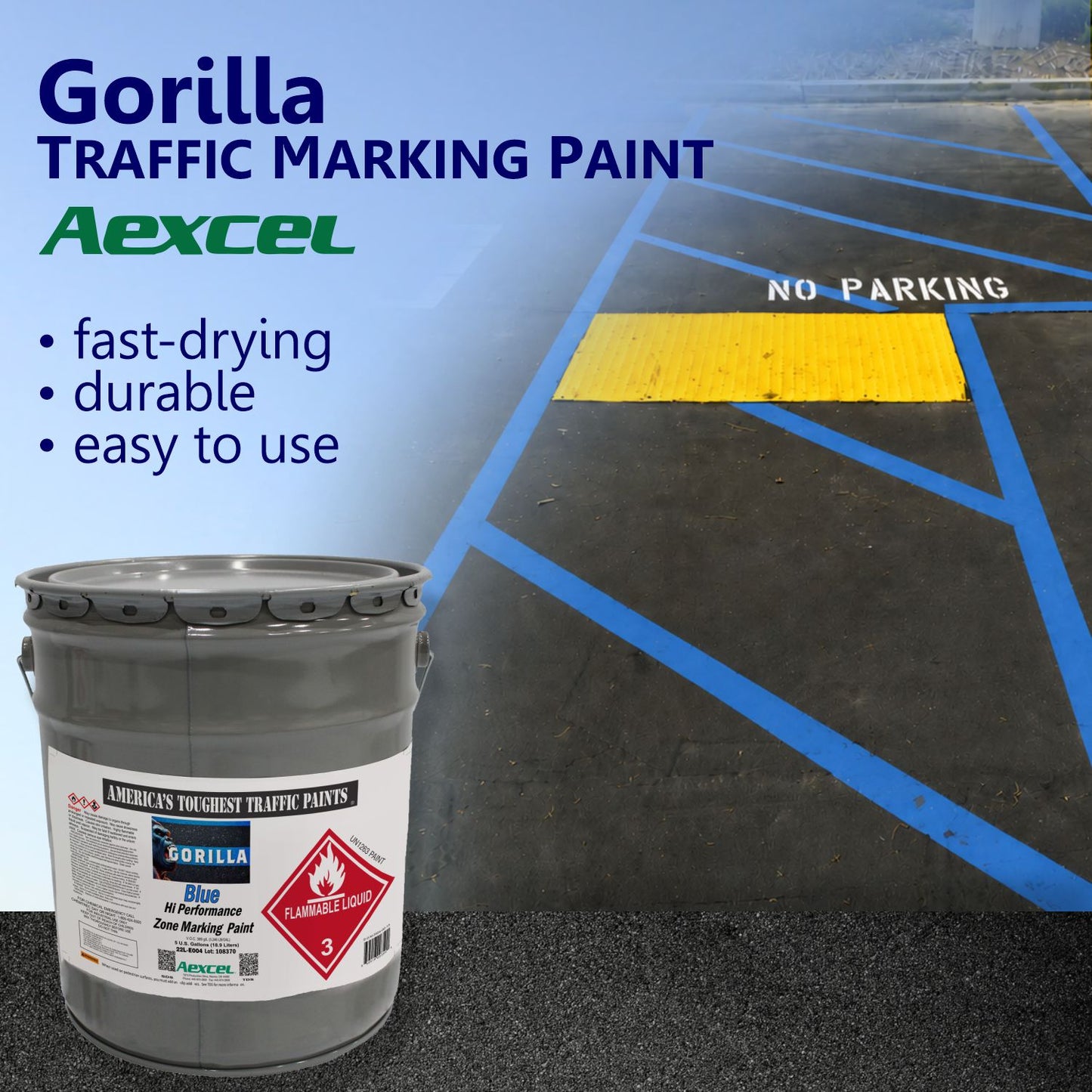 Blue ADA access aisle striping and no-parking markings on asphalt, showcasing Aexcel Gorilla Traffic Marking Paint’s fast-drying, durable performance for high-visibility accessibility zones.
