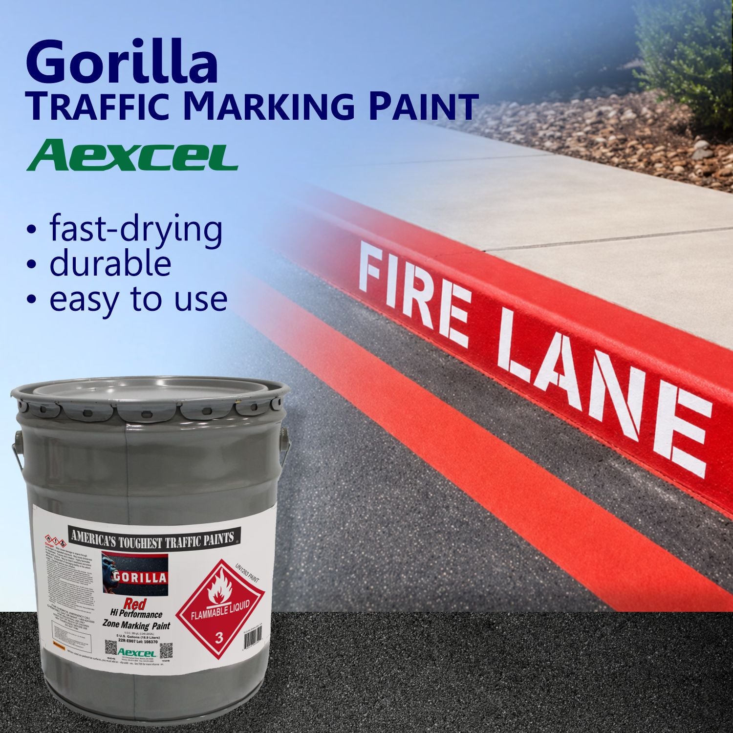 Red fire lane curb and pavement striping marked with “FIRE LANE,” showcasing Aexcel Gorilla Traffic Marking Paint’s durable, high-visibility performance for safety and no-parking zones.