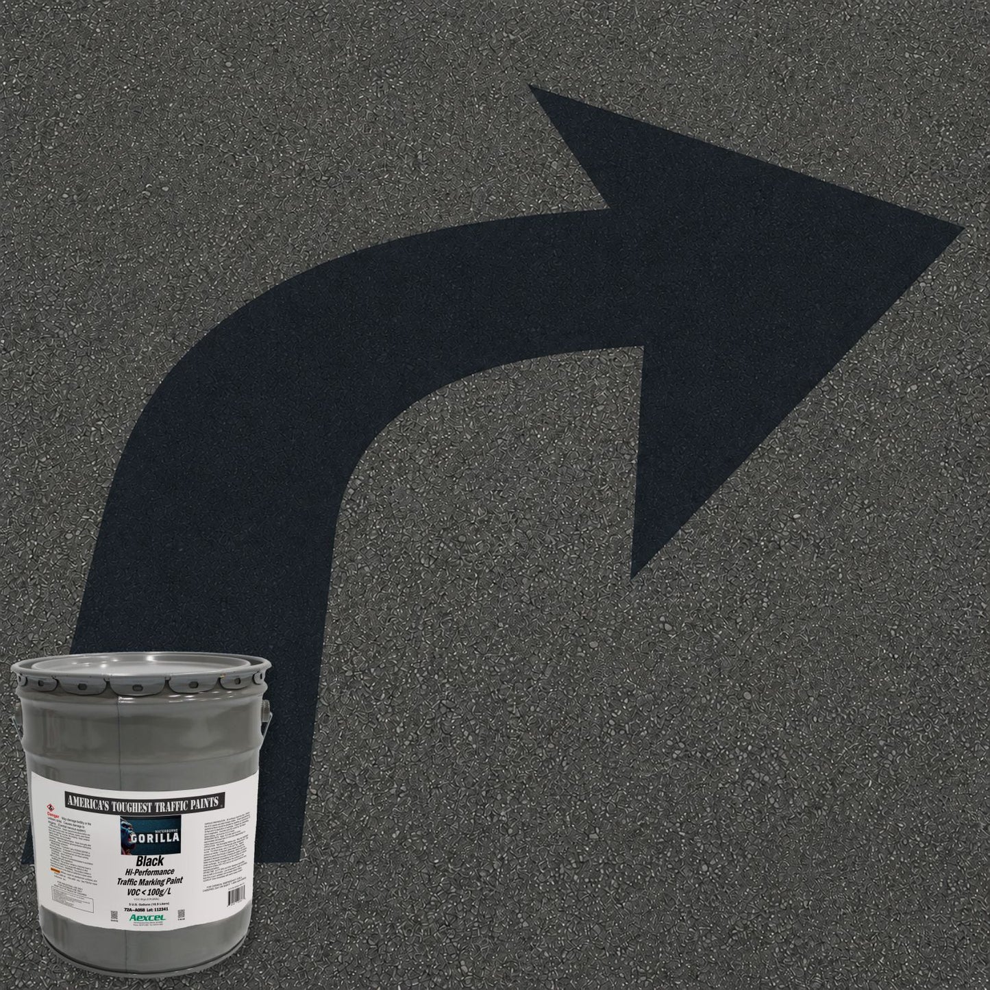 Black right-turn directional arrow pavement marking on asphalt with Aexcel Gorilla black traffic marking paint bucket.