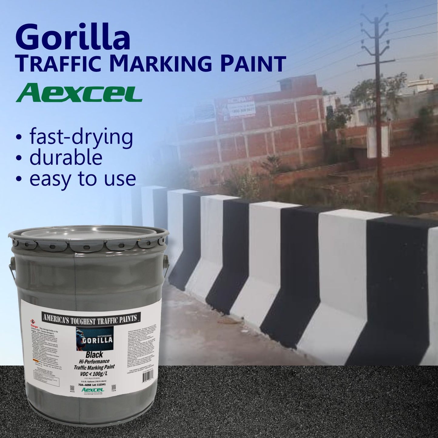 Aexcel Gorilla Black traffic marking paint advertisement featuring black-and-white highway barriers and a high-performance pavement marking paint bucket.