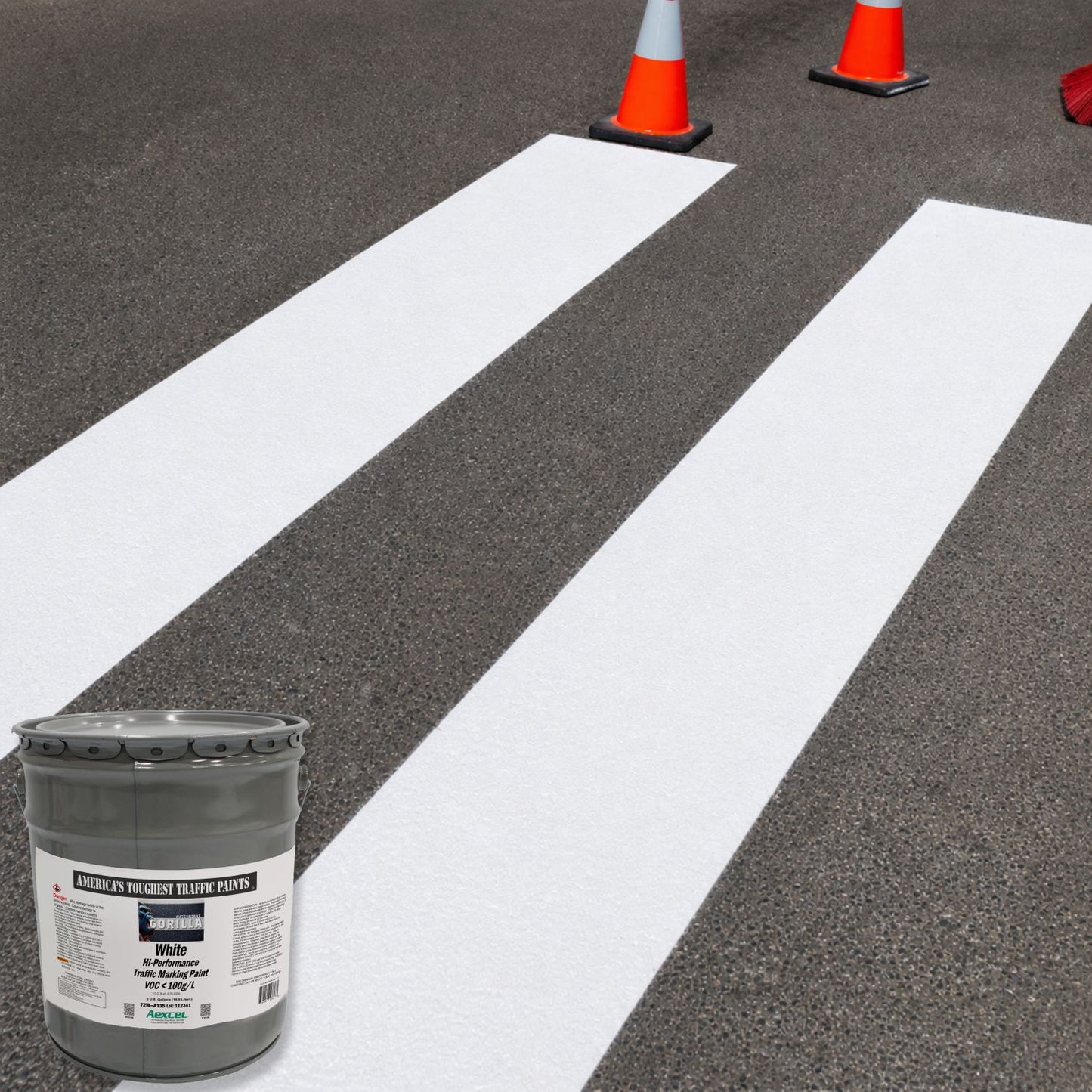 Aexcel Gorilla White Traffic Marking Paint used to create bright, durable white crosswalk stripes on asphalt pavement.