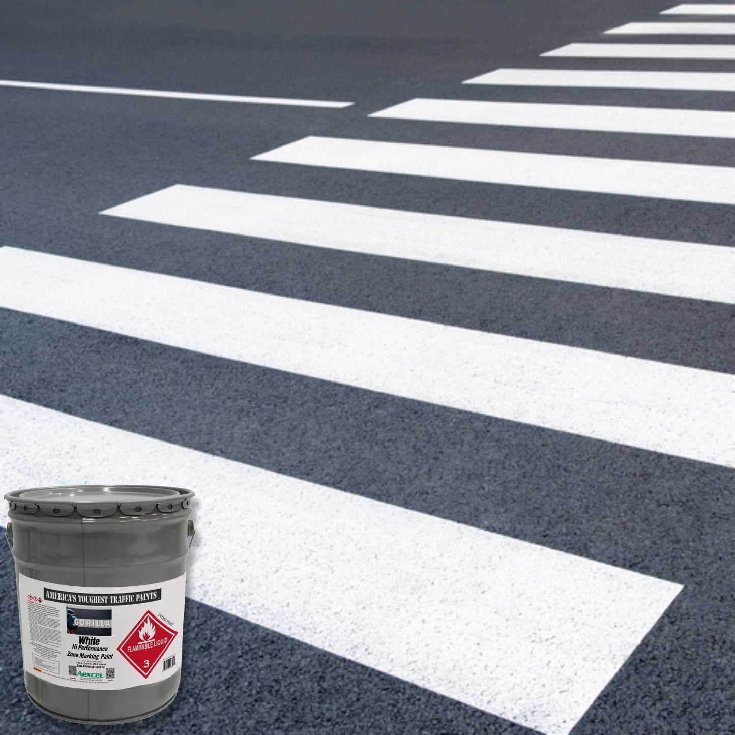 White pedestrian crosswalk stripes on asphalt, created with Aexcel Gorilla Traffic Marking Paint for durable, high-visibility roadway and pedestrian safety markings.