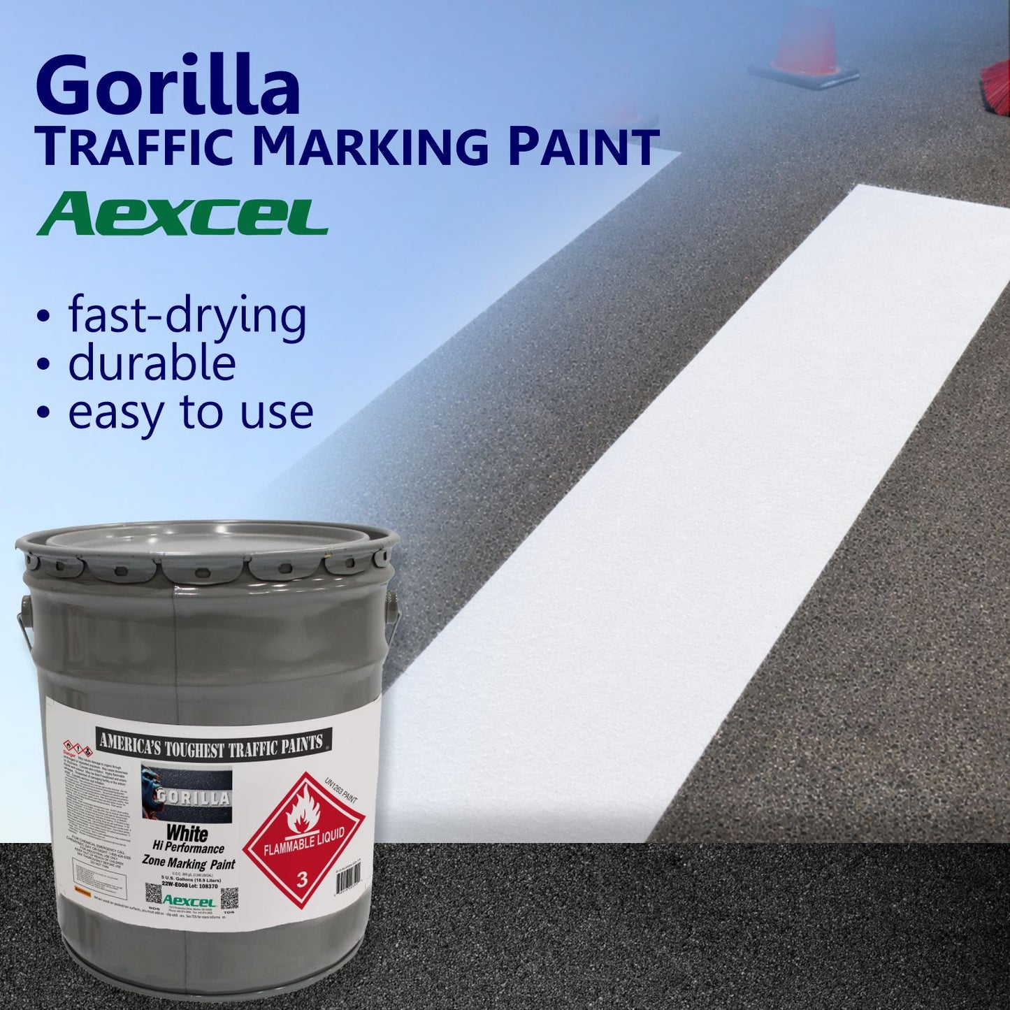 Bright white lane line on asphalt, showcasing Aexcel Gorilla Traffic Marking Paint's fast-drying, durable performance for high-visibility roadway and parking lot striping.