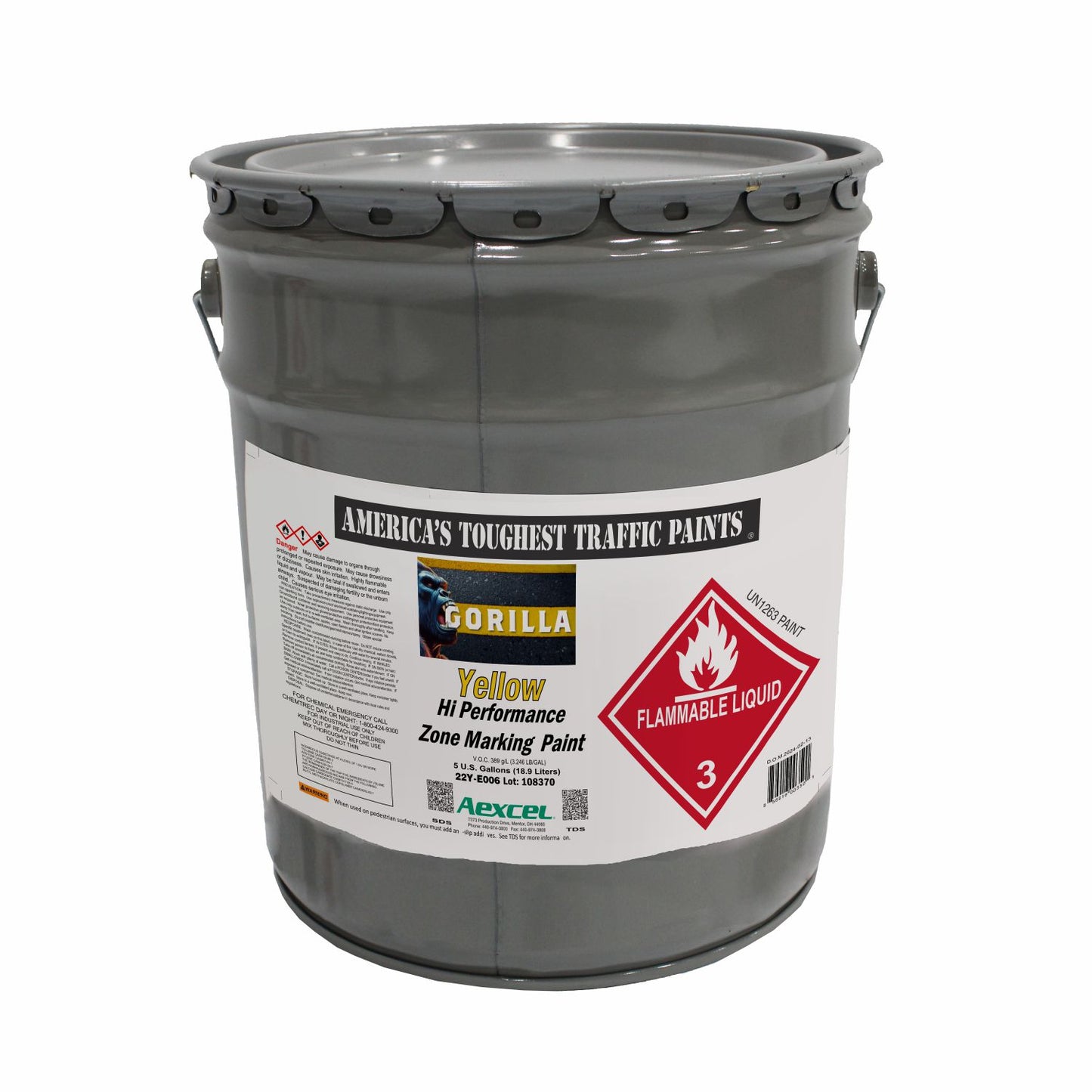 Gorilla Yellow Hi-Performance Zone Marking Paint in a 5-gallon pail, formulated for durable warehouse, industrial, safety zone, and pavement marking applications.