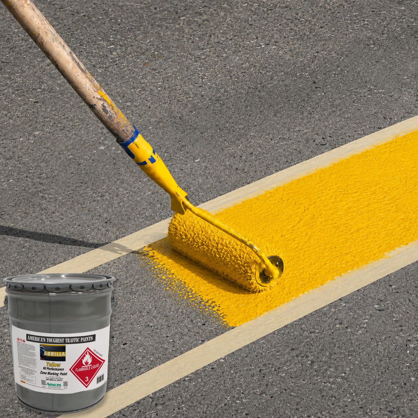 Worker applying a bright yellow pavement stripe with a roller, using Aexcel Gorilla Traffic Marking Paint for durable, high-visibility roadway and parking lot markings.