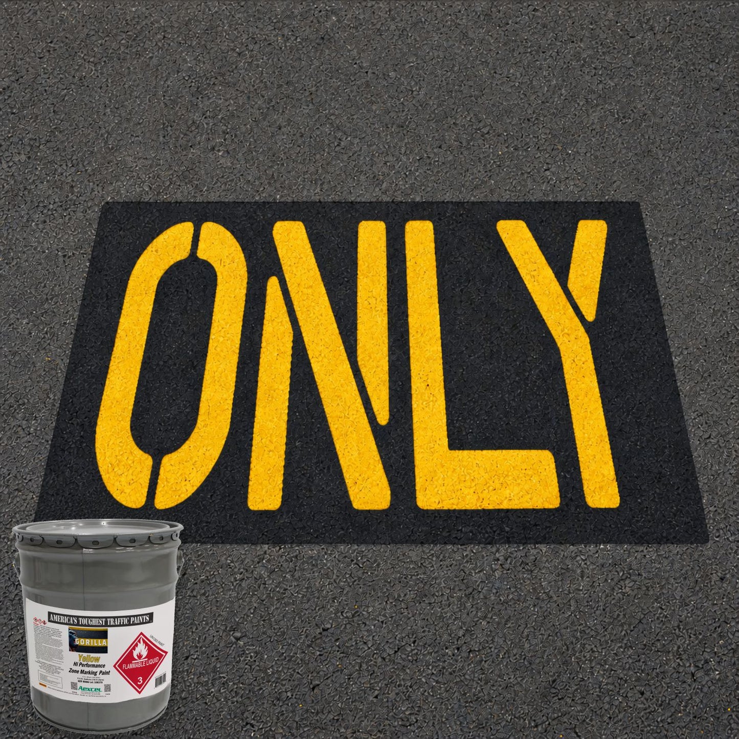 Bold yellow “ONLY” pavement marking applied on a black rectangular background over asphalt, demonstrating Aexcel Gorilla Traffic Marking Paint’s high-visibility performance for lane designation, directional control, and roadway safety markings.
