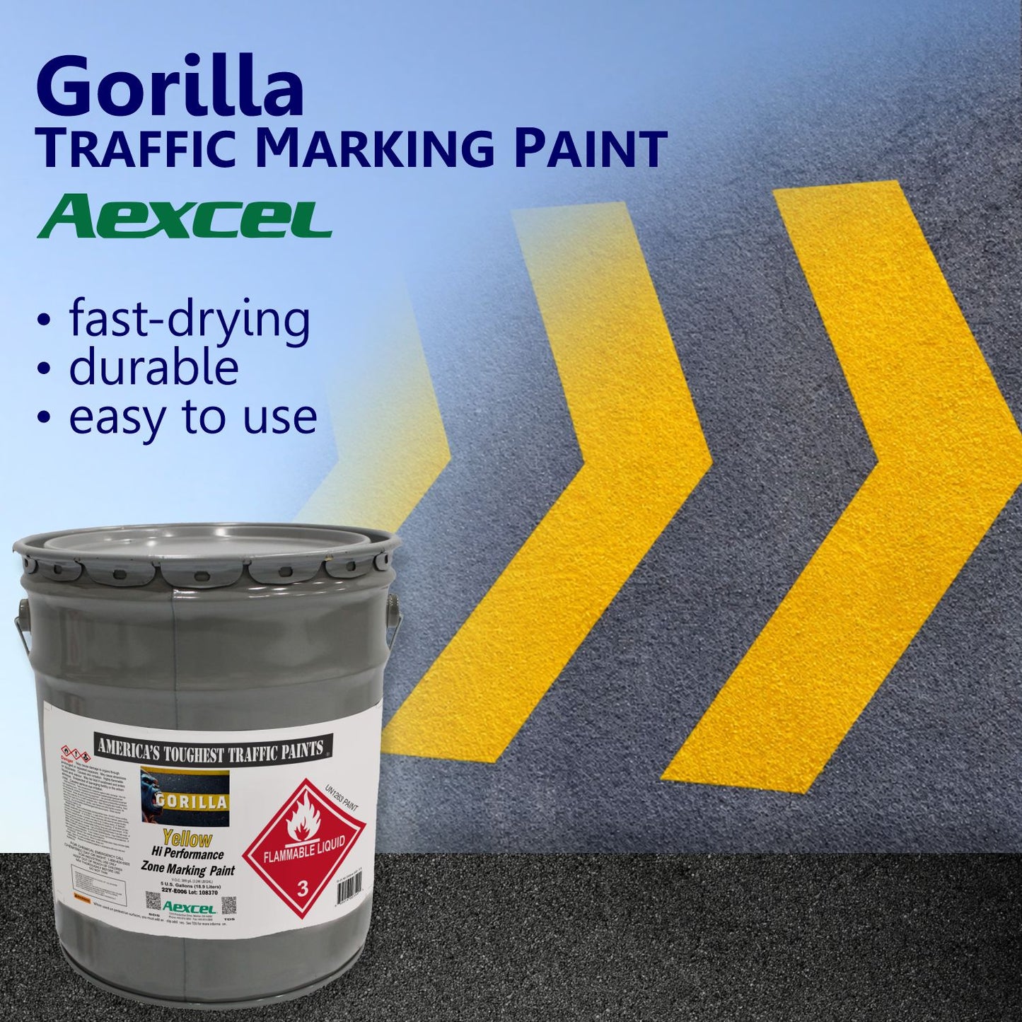 Yellow directional chevron markings on asphalt, showcasing Aexcel Gorilla Traffic Marking Paint’s fast-drying, durable performance for high-visibility roadway guidance and traffic control.
