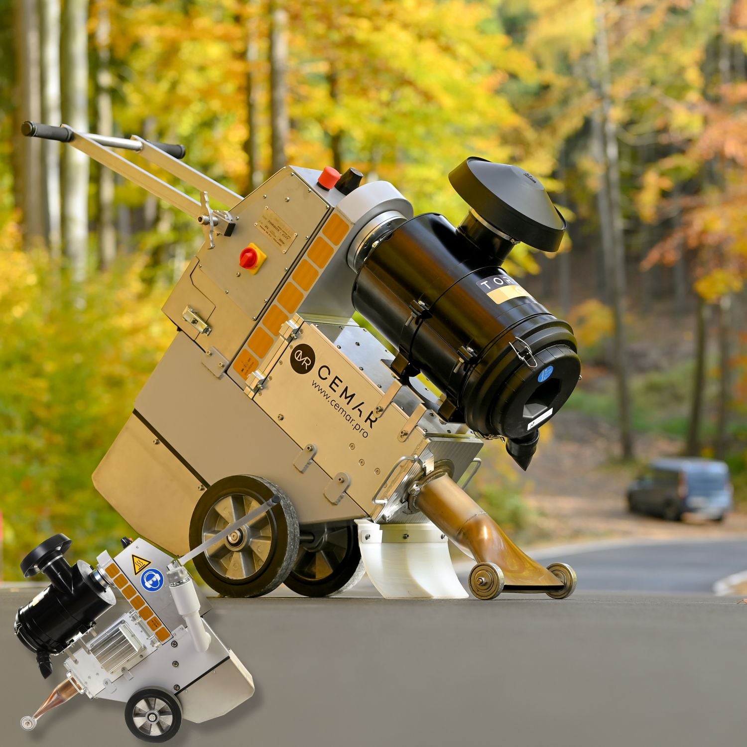 CEMAR Torgos City 2 compact road dryer displayed outdoors, featuring a high-velocity turbine blower and wheeled design for rapid pavement drying and surface preparation before road marking applications.