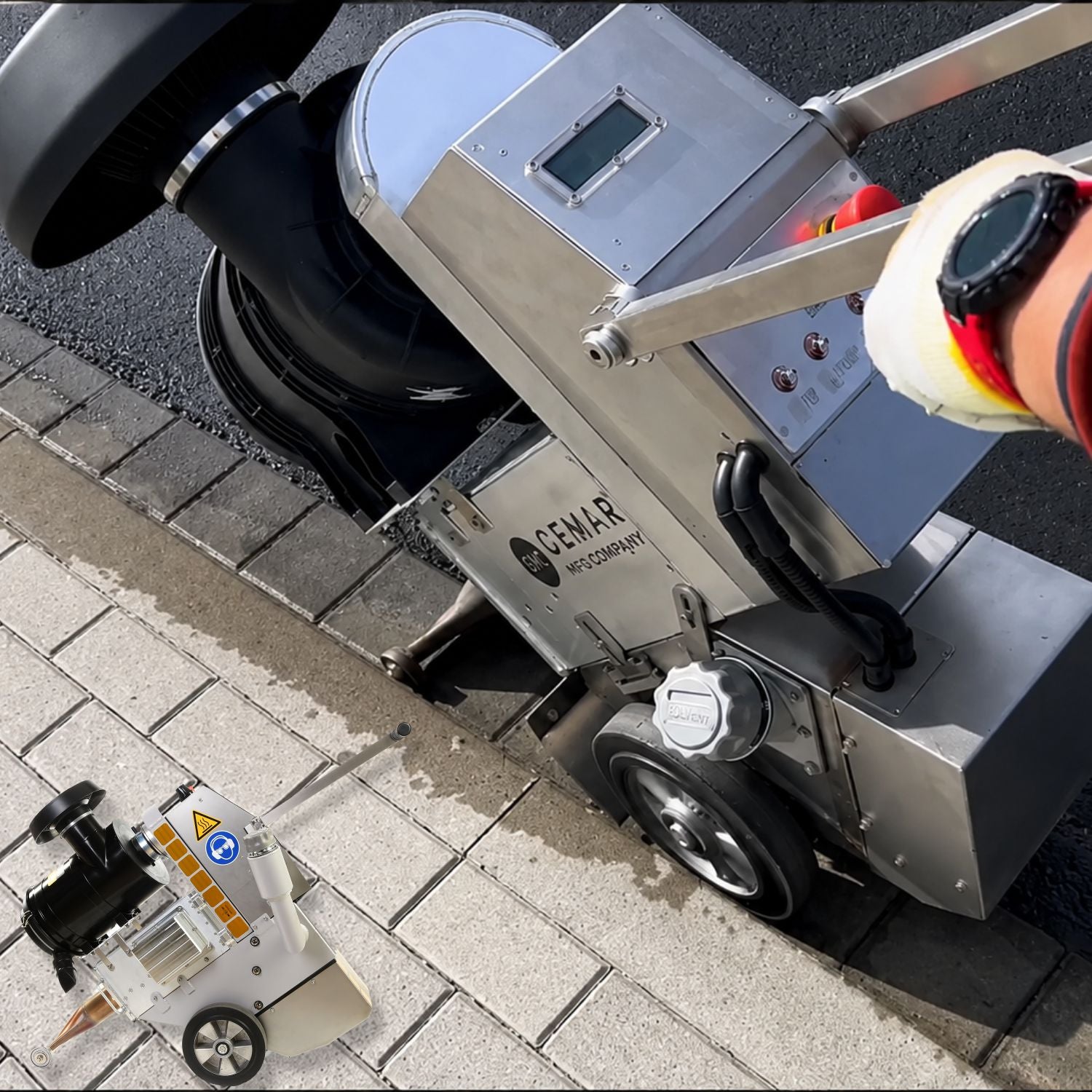 Close-up of the CEMAR Torgos City 2 road dryer being operated along a curb, using a high-velocity turbine blower to remove moisture and prepare pavement surfaces for road marking and striping applications.