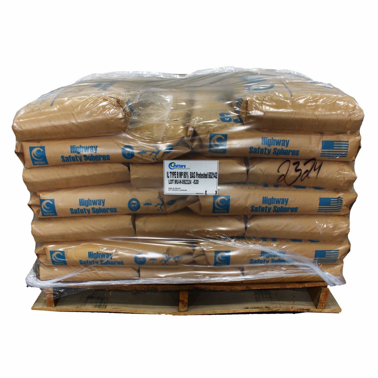 Pallet of Potters Highway Safety Spheres Illinois Type-B reflective glass beads for traffic marking and pavement striping applications.