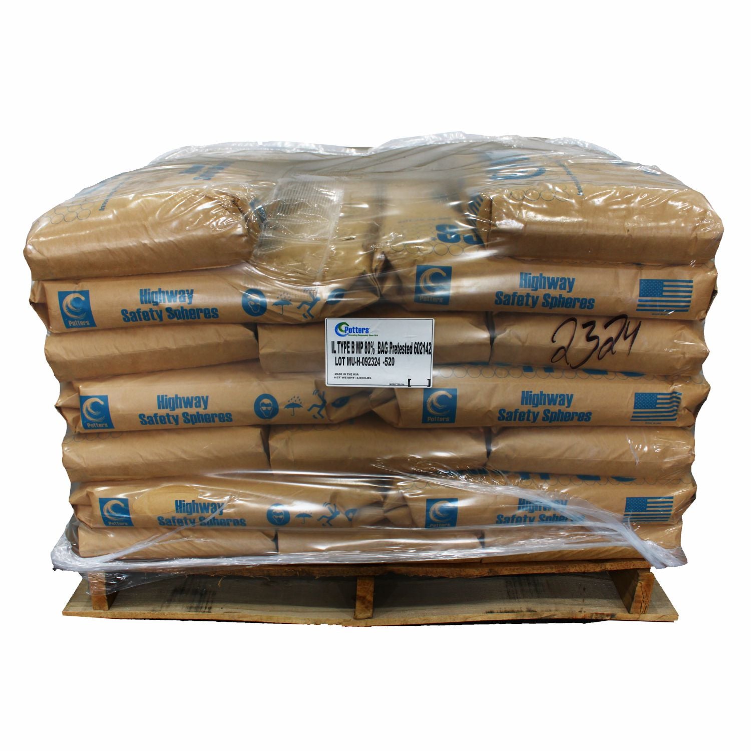 Pallet of Potters Highway Safety Spheres Illinois Type-B reflective glass beads for traffic marking and pavement striping applications.