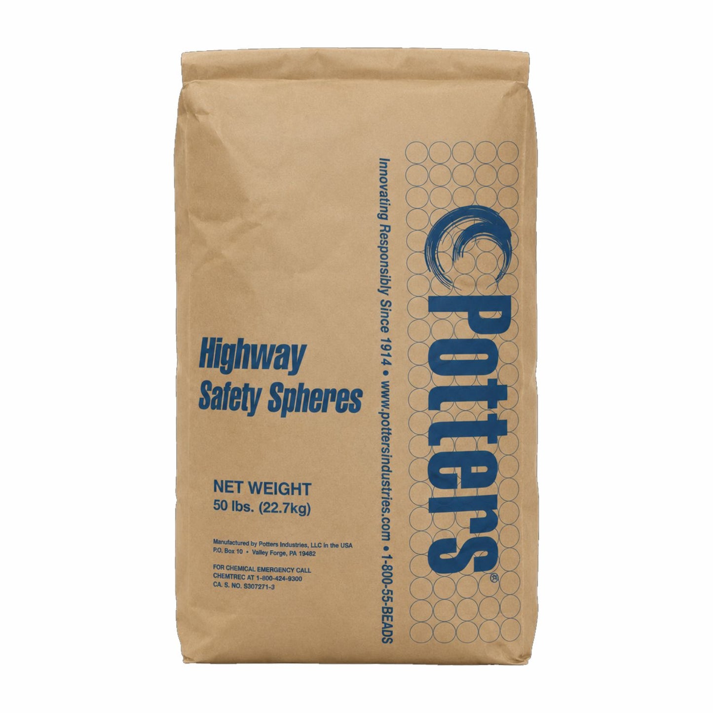 Potters Highway Safety Spheres Illinois Type-B reflective glass beads in a 50 lb bag for traffic marking and pavement striping applications.