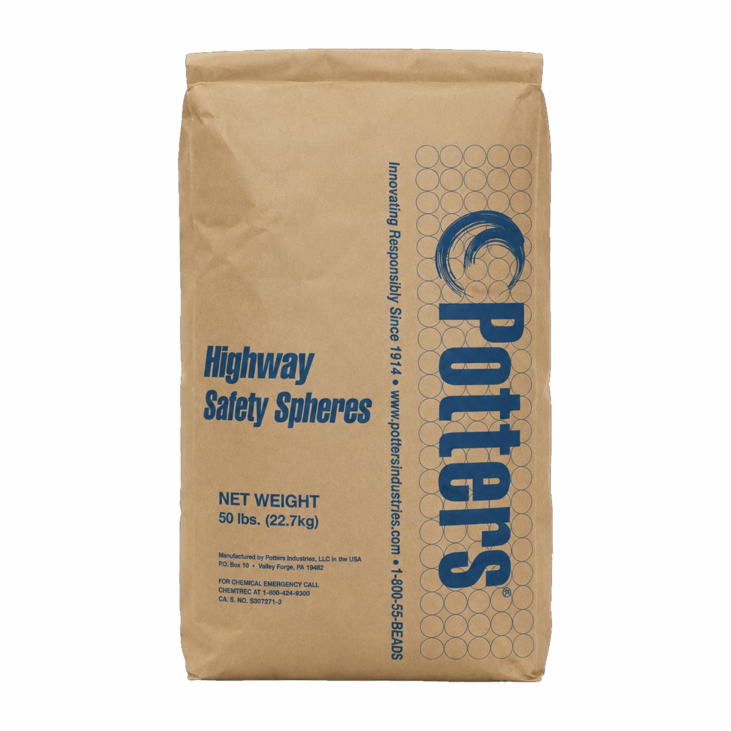 Potters Highway Safety Spheres Illinois Type-B reflective glass beads in a 50 lb bag for traffic marking and pavement striping applications.