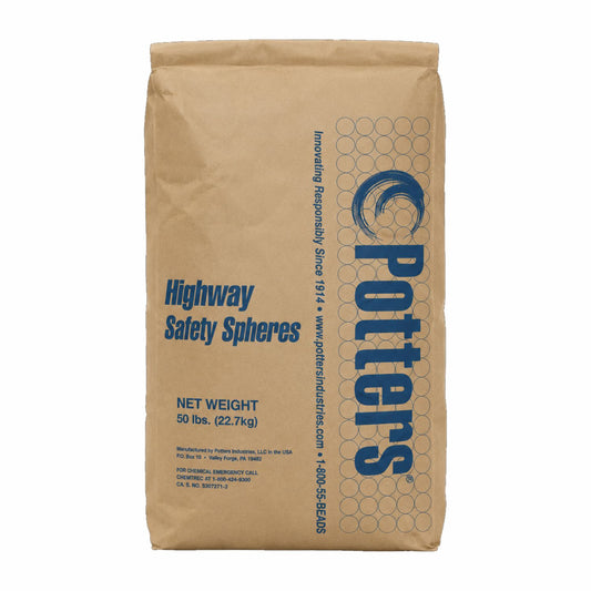 Potters Highway Safety Spheres Illinois Type-B reflective glass beads in a 50 lb bag for traffic marking and pavement striping applications.