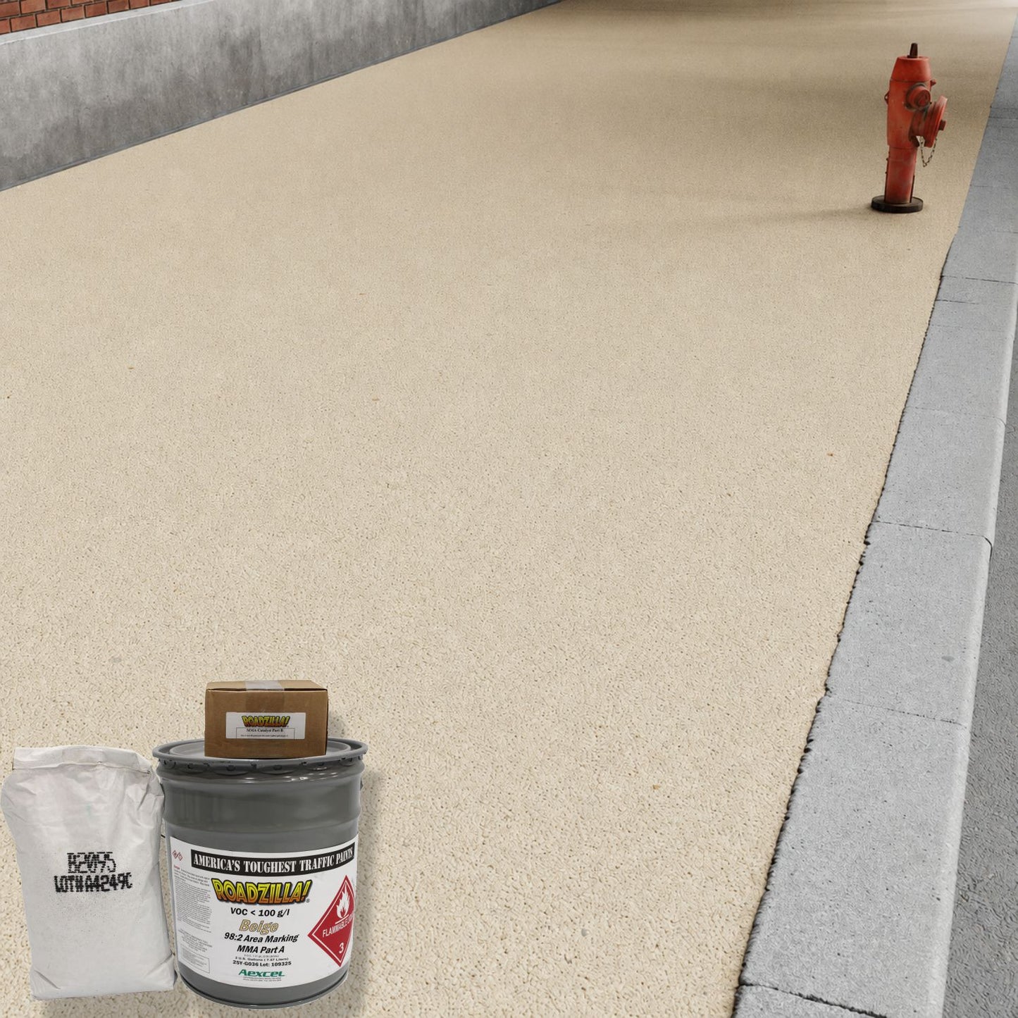 RoadZilla Beige MMA high-friction pavement surfacing applied to a pedestrian walkway, providing a durable, slip-resistant decorative surface for sidewalks, plazas, and public spaces.