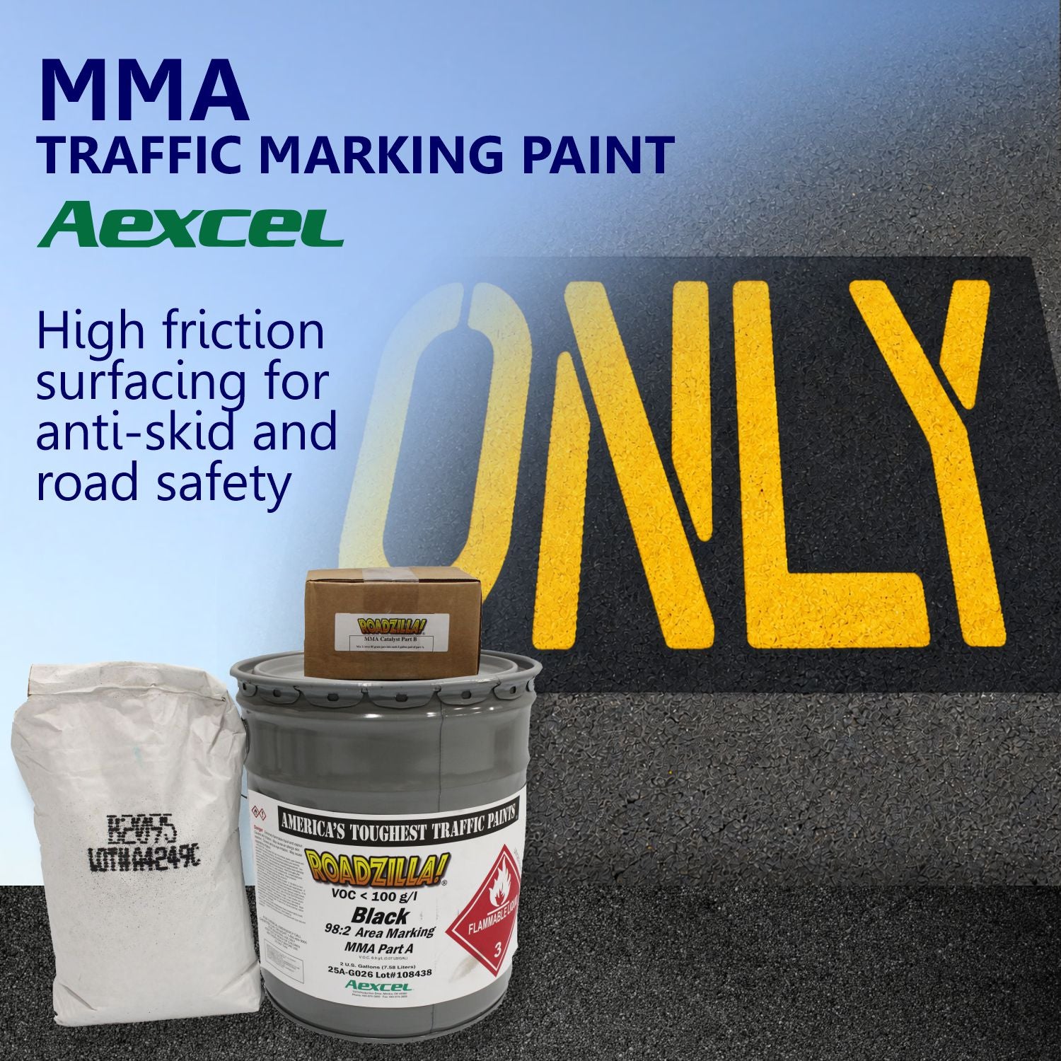 RoadZilla Black MMA high-friction area marking system used to create durable anti-skid pavement markings with high-visibility roadway text.