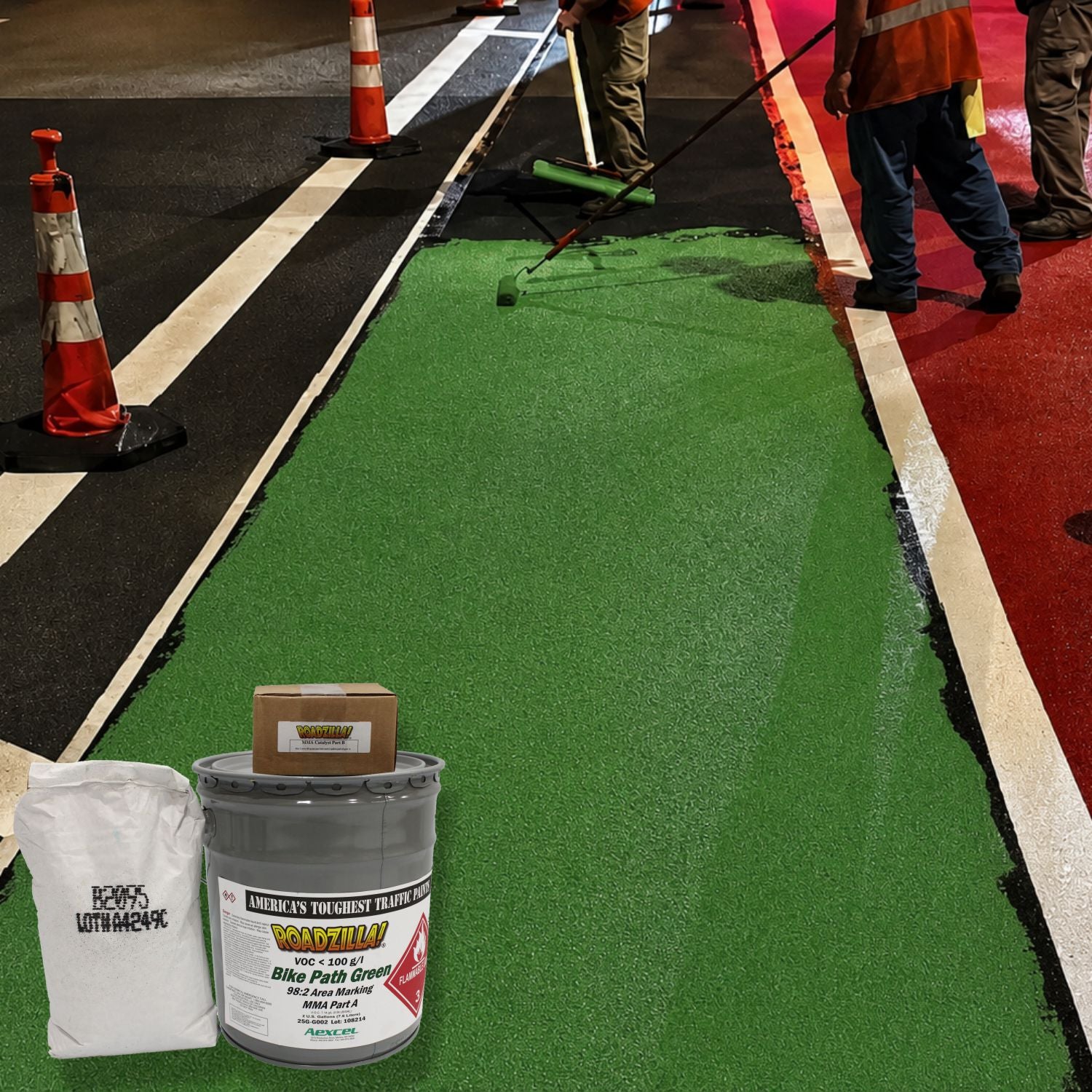RoadZilla Bike Path Green MMA high-friction surfacing being applied to a bicycle lane, creating a durable, anti-skid green pavement surface for enhanced cyclist safety and visibility.