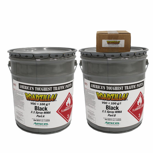RoadZilla Black 1:1 Spray MMA traffic marking system featuring Part A, Part B, and catalyst components.