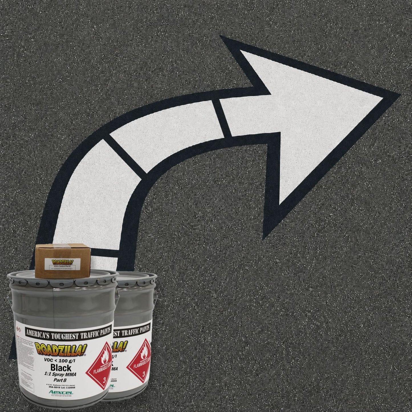 RoadZilla Black MMA Traffic Marking Paint used to create a high-visibility directional arrow marking on asphalt pavement for traffic guidance and lane direction control.