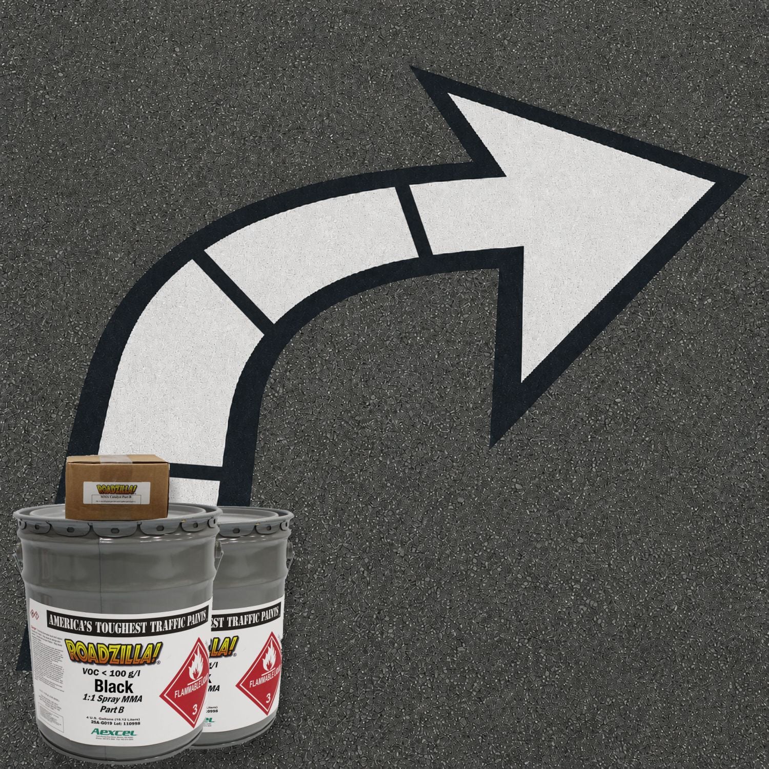 RoadZilla Black MMA Traffic Marking Paint used to create a high-visibility directional arrow marking on asphalt pavement for traffic guidance and lane direction control.