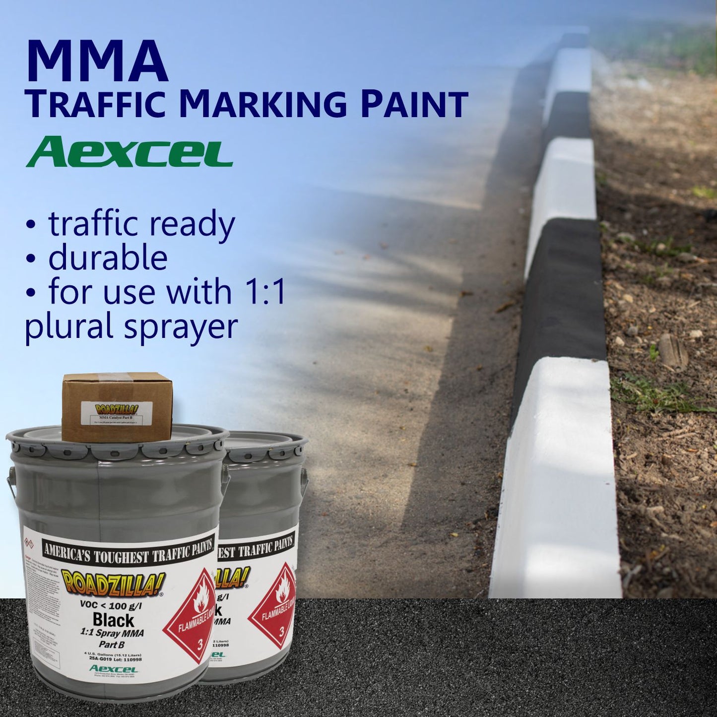RoadZilla Black MMA Traffic Marking Paint promotional graphic featuring black-and-white curb markings and highlighting traffic-ready performance, durability, and compatibility with 1:1 plural spray equipment.