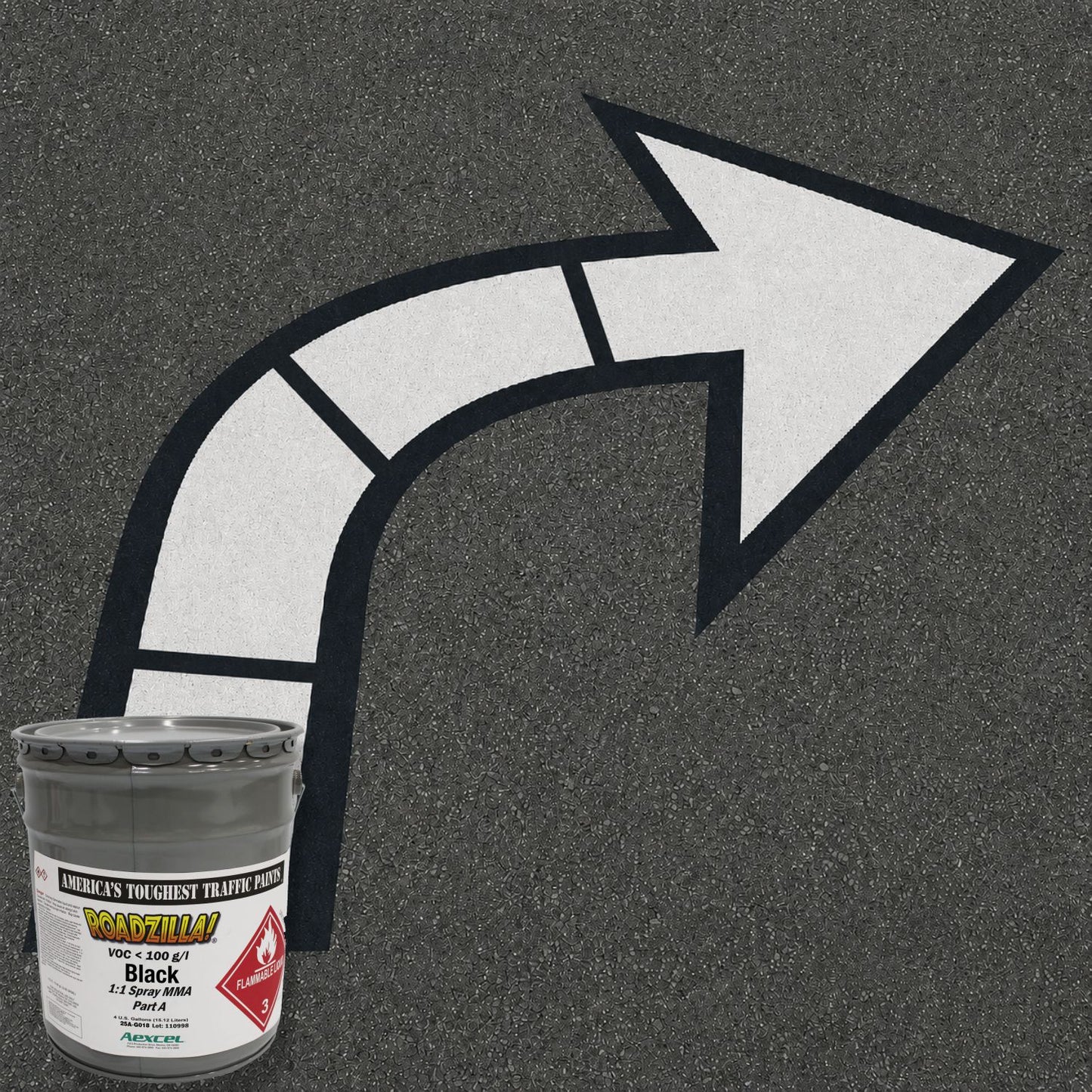 RoadZilla Black MMA traffic marking paint used for durable right-turn arrow pavement markings on asphalt.