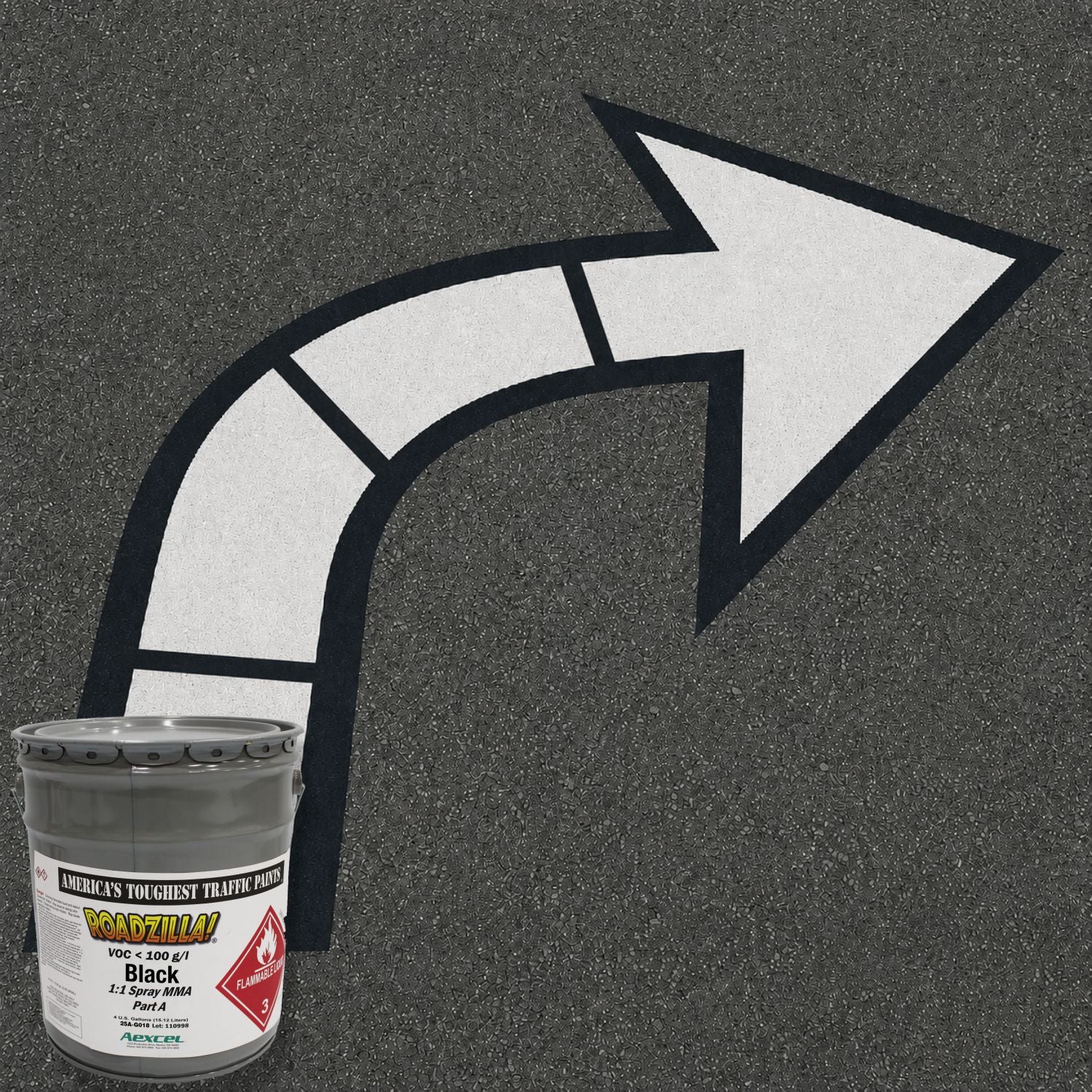 RoadZilla Black MMA traffic marking paint used for durable right-turn arrow pavement markings on asphalt.